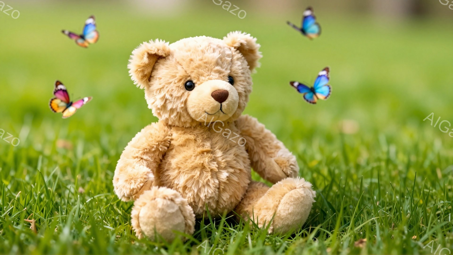 明るい緑の草の上に、茶色のテディベアが座っています。周りにはカラフルな蝶が舞っており、平和で穏やかな雰囲気を醸し出しています。暖かく優しい光が、全体的に柔らかい印象を与えています。