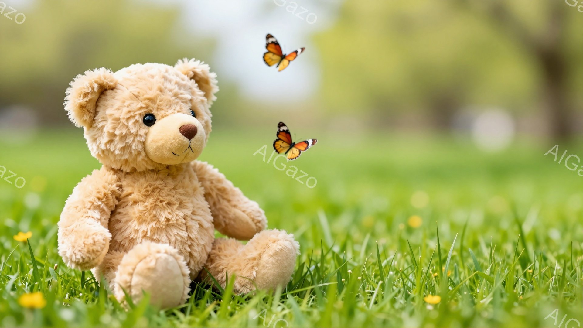緑の草の上に座っている、ふわふわの茶色のテディベアです。蝶がテディベアの周りを舞っており、背景はぼやけた緑色の自然で、穏やかな春の日の雰囲気が漂っています。テディベアは穏やかな表情で、のどかな風景と調 - AI生成フリー素材