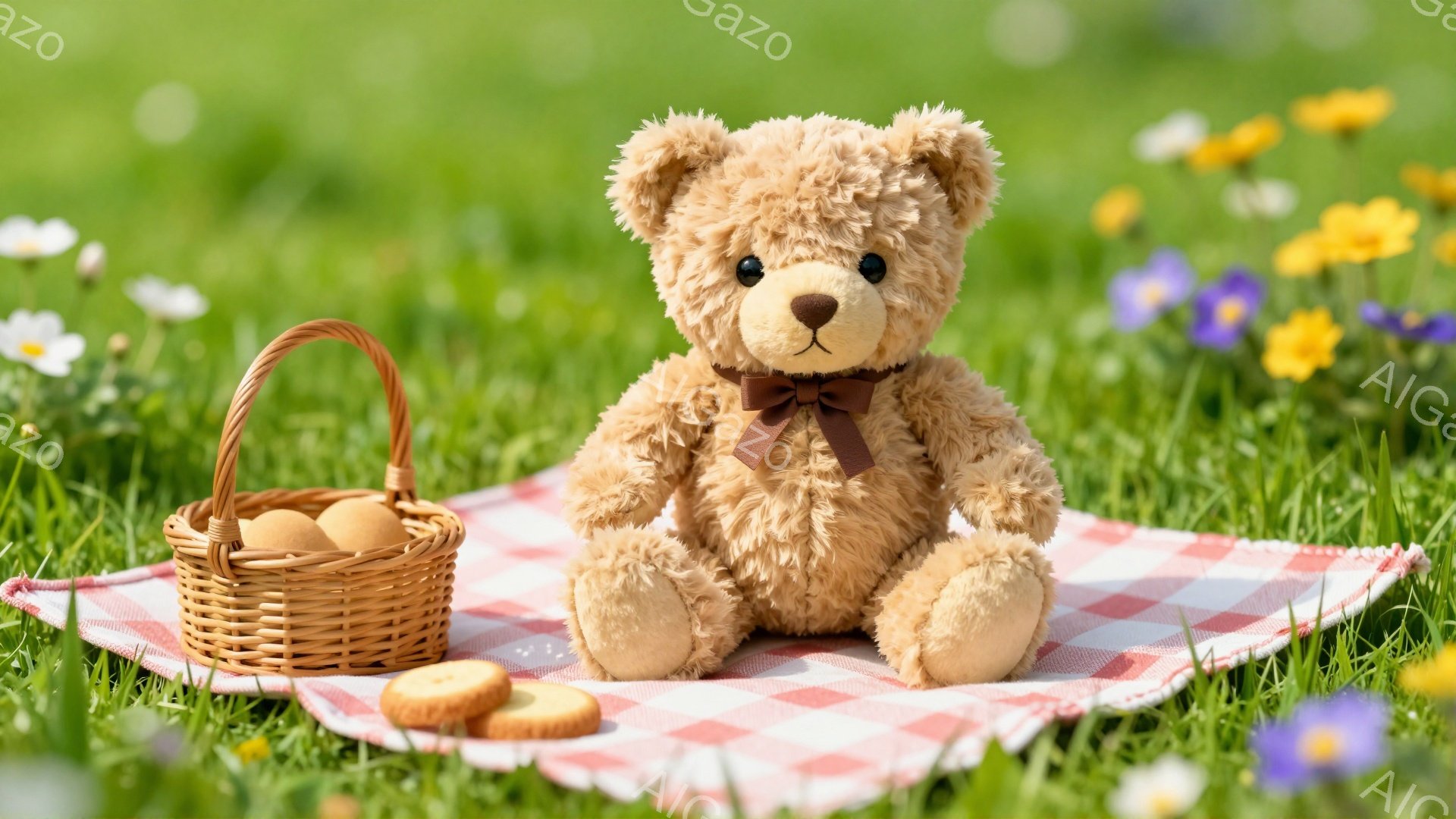 緑の草の上に赤いチェックのピクニックブランケットが敷かれ、そこにテディベアが座っています。カゴには卵が、ブランケットの上にはクッキーが置かれ、周りには黄色や紫の花が咲いています。春の穏やかな日差しが感じられる、可愛らしい光景です。