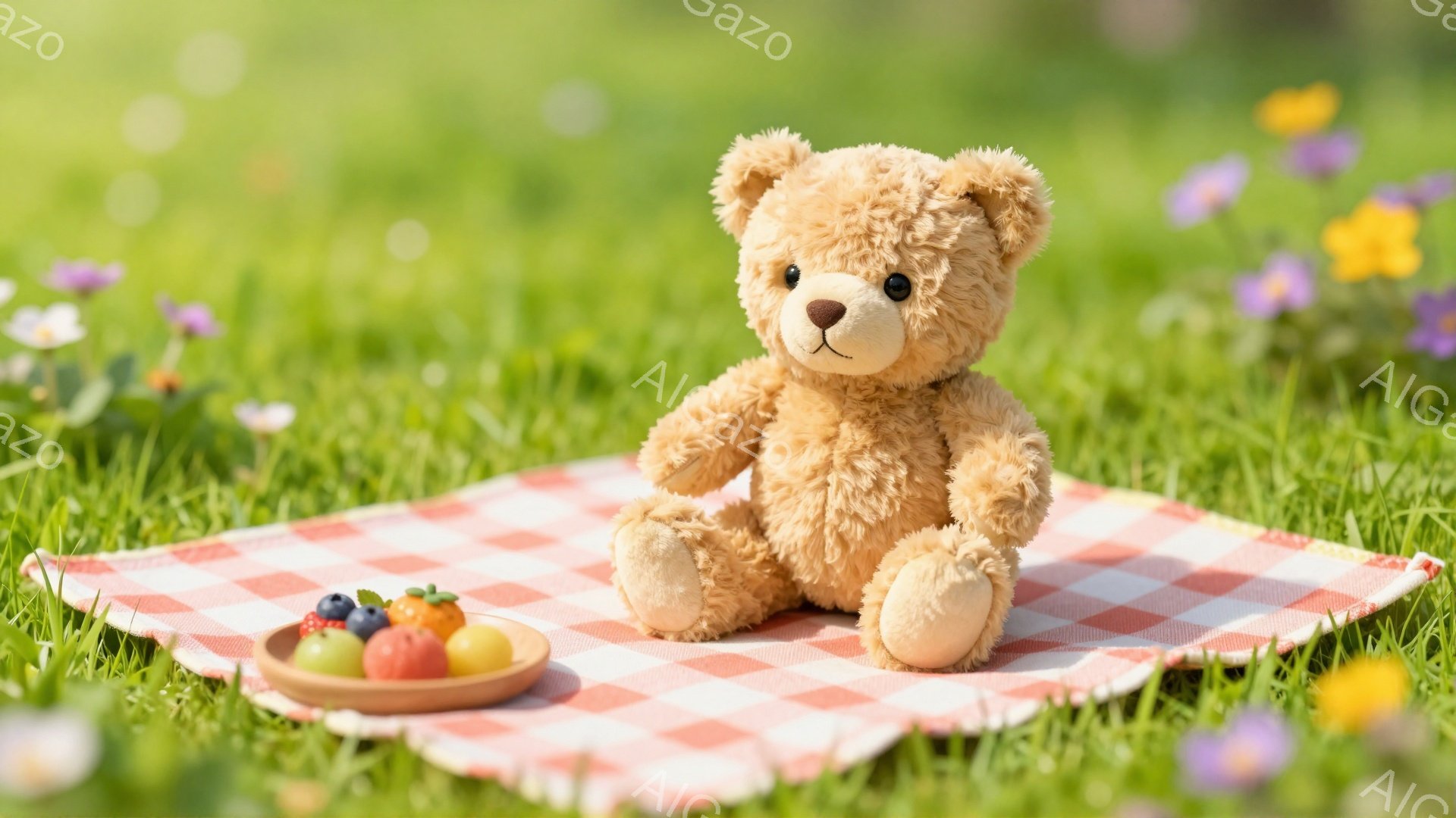 緑の芝生の上に、赤と白のチェックのピクニックシートが敷かれています。その上に座っているのは、愛らしい茶色のテディベアで、隣にはフルーツが盛り付けられたお皿があります。背景には小さな花々が咲き乱れ、穏やかで可愛らしい雰囲気を醸し出しています。