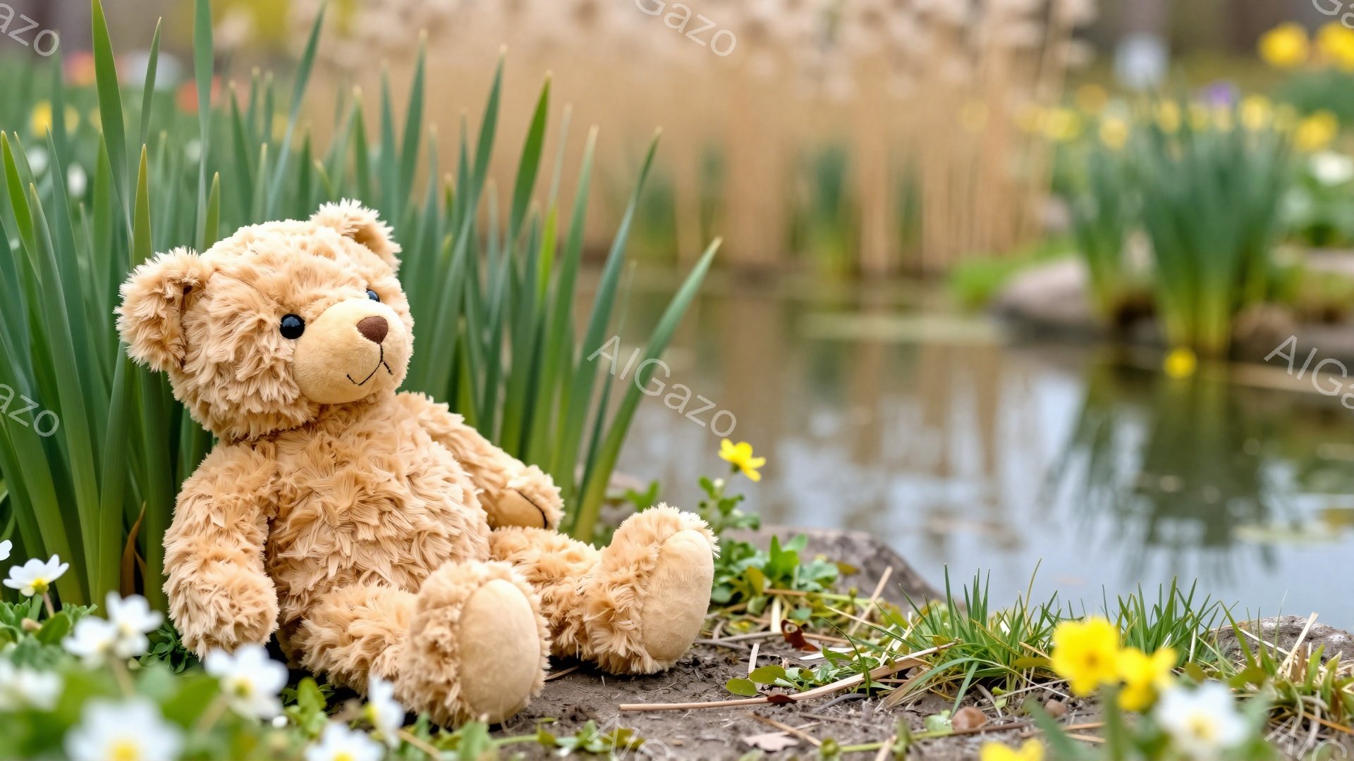 ぬいぐるみは、池のほとりの土手に座ってリラックスしています。背景には緑の草と黄色い花が咲き、春らしい穏やかな雰囲気を醸し出しています。テディベアは茶色でふわふわしており、愛らしい表情をしています。 - AI生成フリー素材