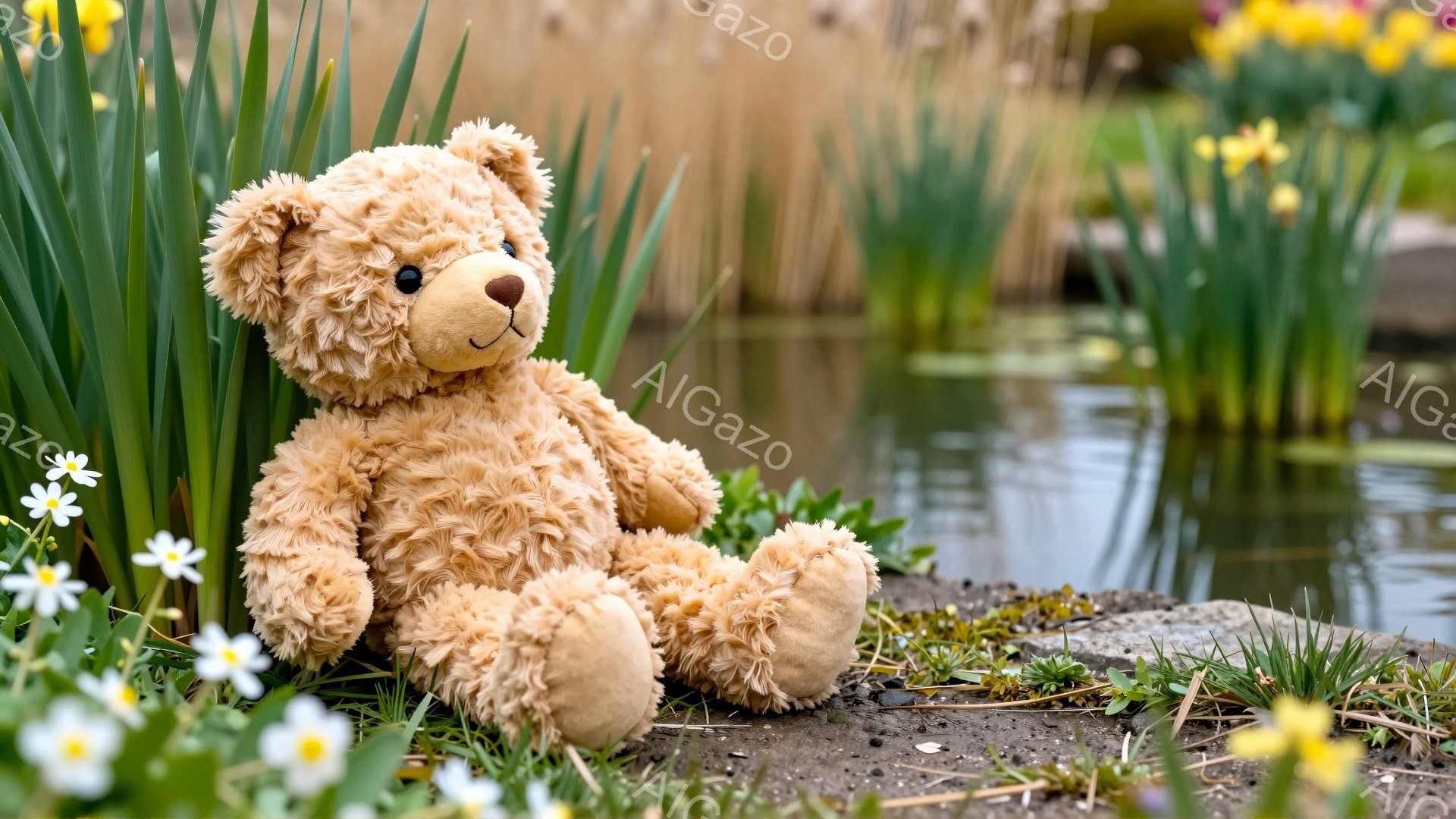 緑豊かな背景に、茶色のテディベアが座っています。テディベアは柔らかな表情で、花や水辺の穏やかな風景の中でリラックスした雰囲気です。背景には、明るい花々と水の流れがあり、春の暖かさを感じさせます。 - AI生成フリー素材