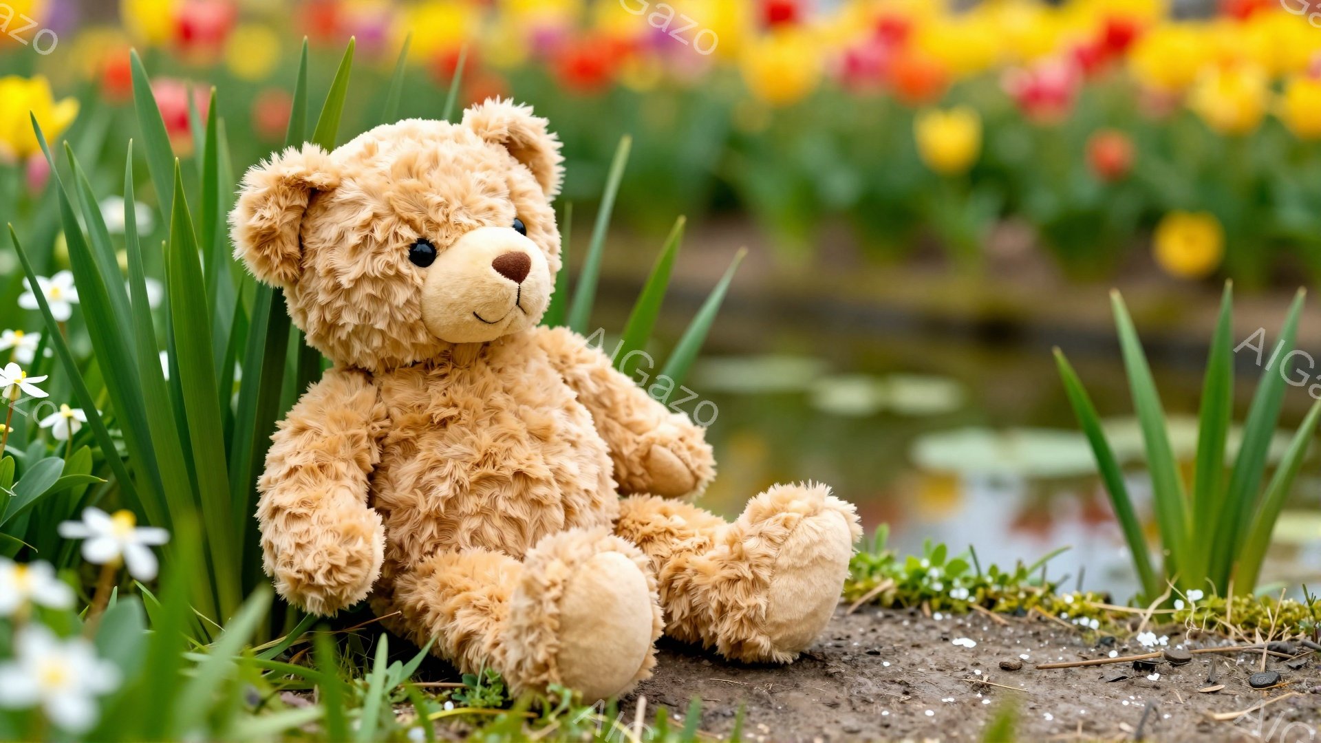 明るい春の庭に、毛むくじゃらの茶色のテディベアが座っています。背景にはカラフルなチューリップの花が咲き乱れ、手前に緑の葉が生い茂っています。ベアは穏やかな表情で、リラックスした雰囲気が漂っています。