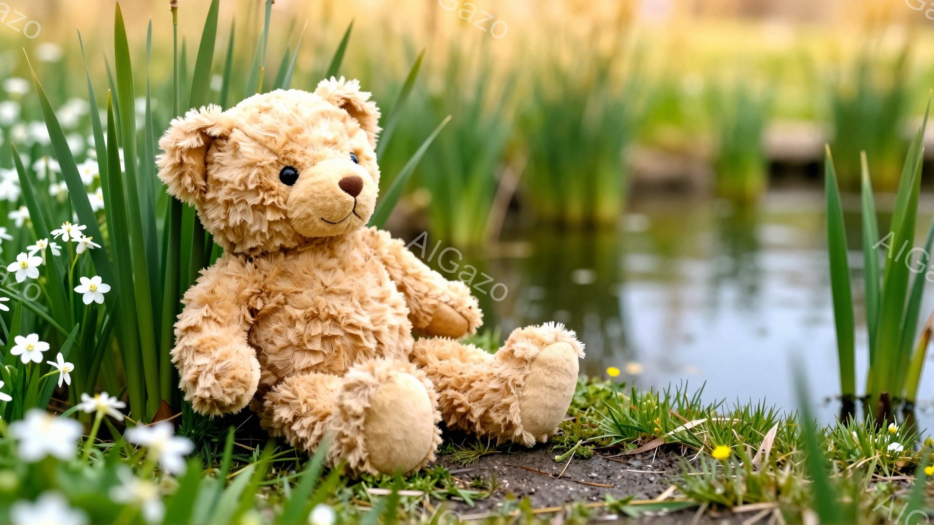 柔らかい茶色のテディベアが草の上に座っている。周りには白い小さな花が咲き、背景には水面が見える穏やかな風景だ。春らしい暖かく優しい雰囲気を感じさせる。 - AI生成フリー素材