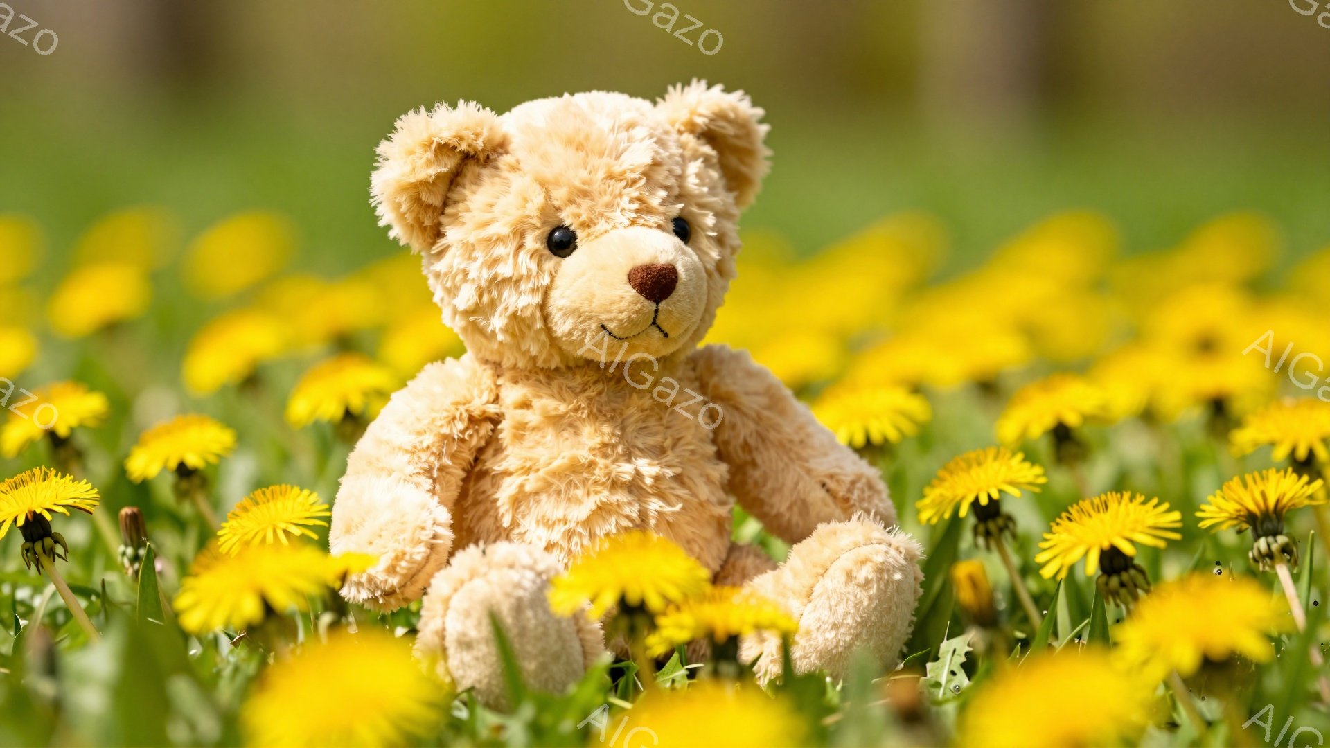 淡い茶色のテディベアがタンポポがたくさん咲いている草原に座っています。ベアは正面を見つめていて、穏やかな表情をしています。背景は緑色の草と黄色いタンポポで、暖かく柔らかな雰囲気です。