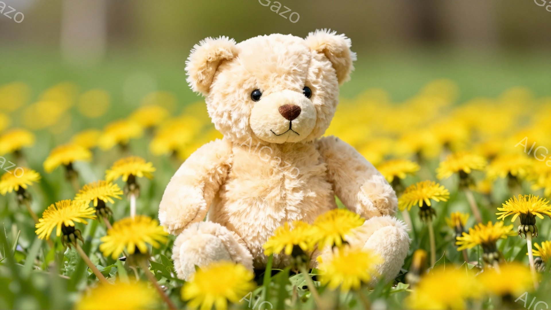 淡い茶色のテディベアがタンポポ畑に座っています。暖かく、牧歌的な雰囲気で、春の穏やかな日差しが感じられます。背景は緑の草で、花々とベアが調和のとれた様子です。