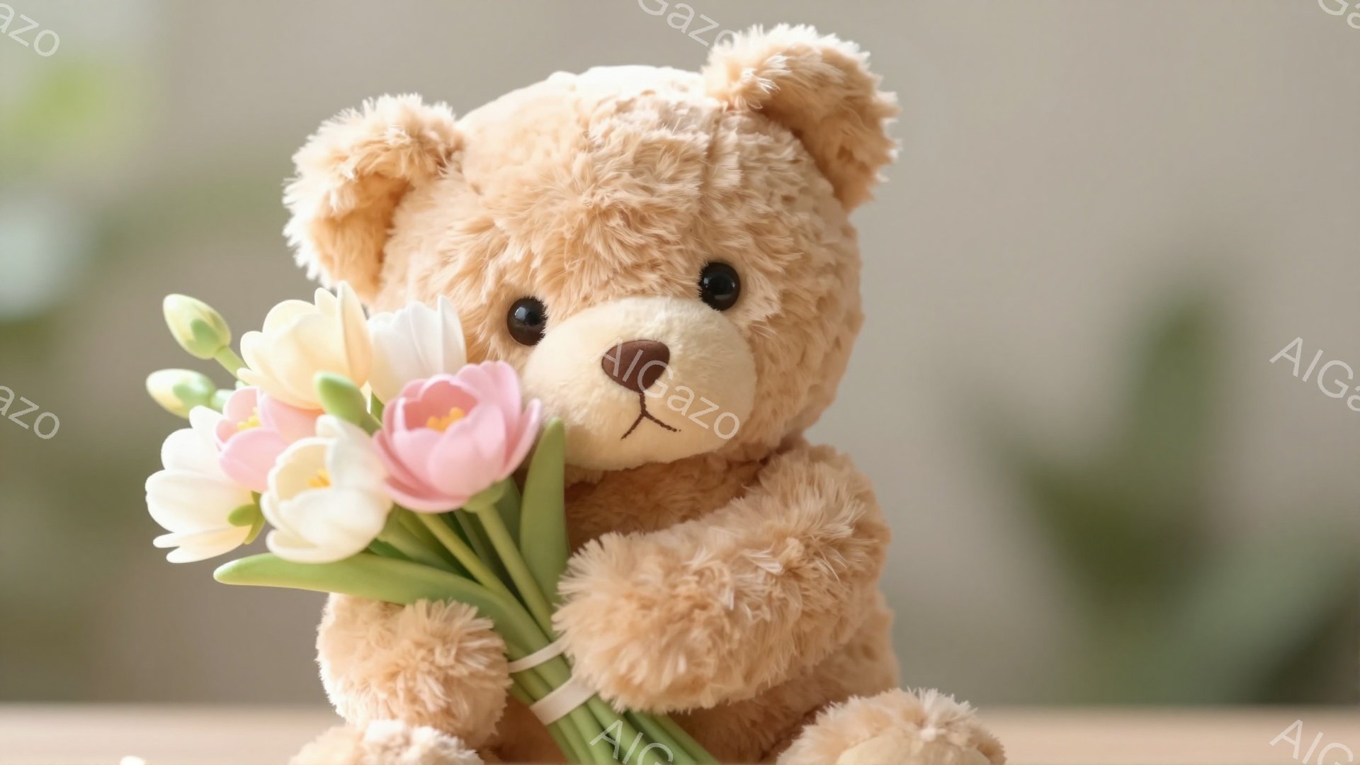 ふわふわのテディベアが花束を持っています。背景はぼやけており、暖かく優しい雰囲気です。テディベアは可愛らしい表情で、プレゼントを贈るような仕草をしています。