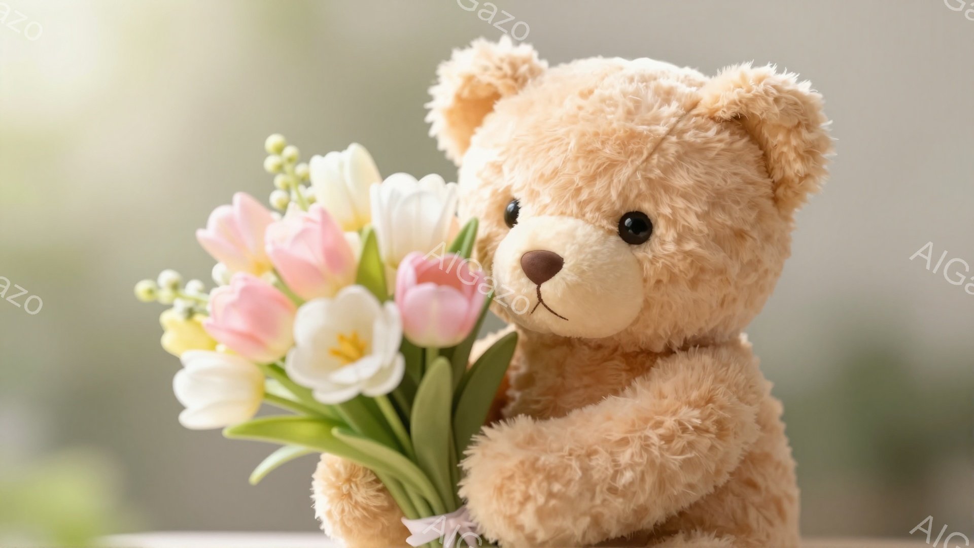 優しい表情のテディベアが、ピンクと白のチューリップの花束を抱えています。背景は柔らかいぼかしで、温かく穏やかな雰囲気を醸し出しています。春の訪れを感じさせる可愛らしい光景です。
