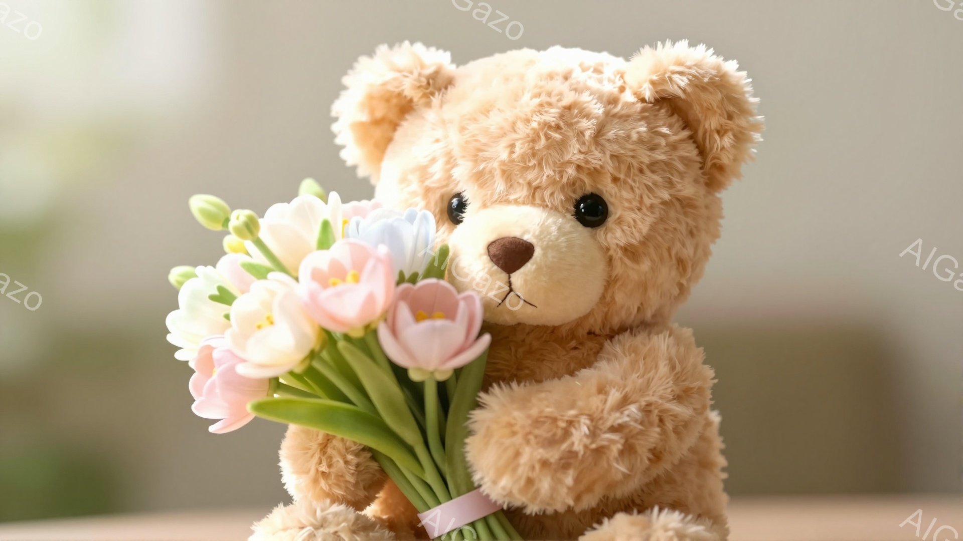 淡い色のチューループが束ねられた花束を抱えた、ふわふわの茶色のテディベアです。ベアは穏やかな表情で、背景はぼやけていて温かく優しい雰囲気です。 花束はピンクと白のチューリップで、小さなリボンで結ばれています。