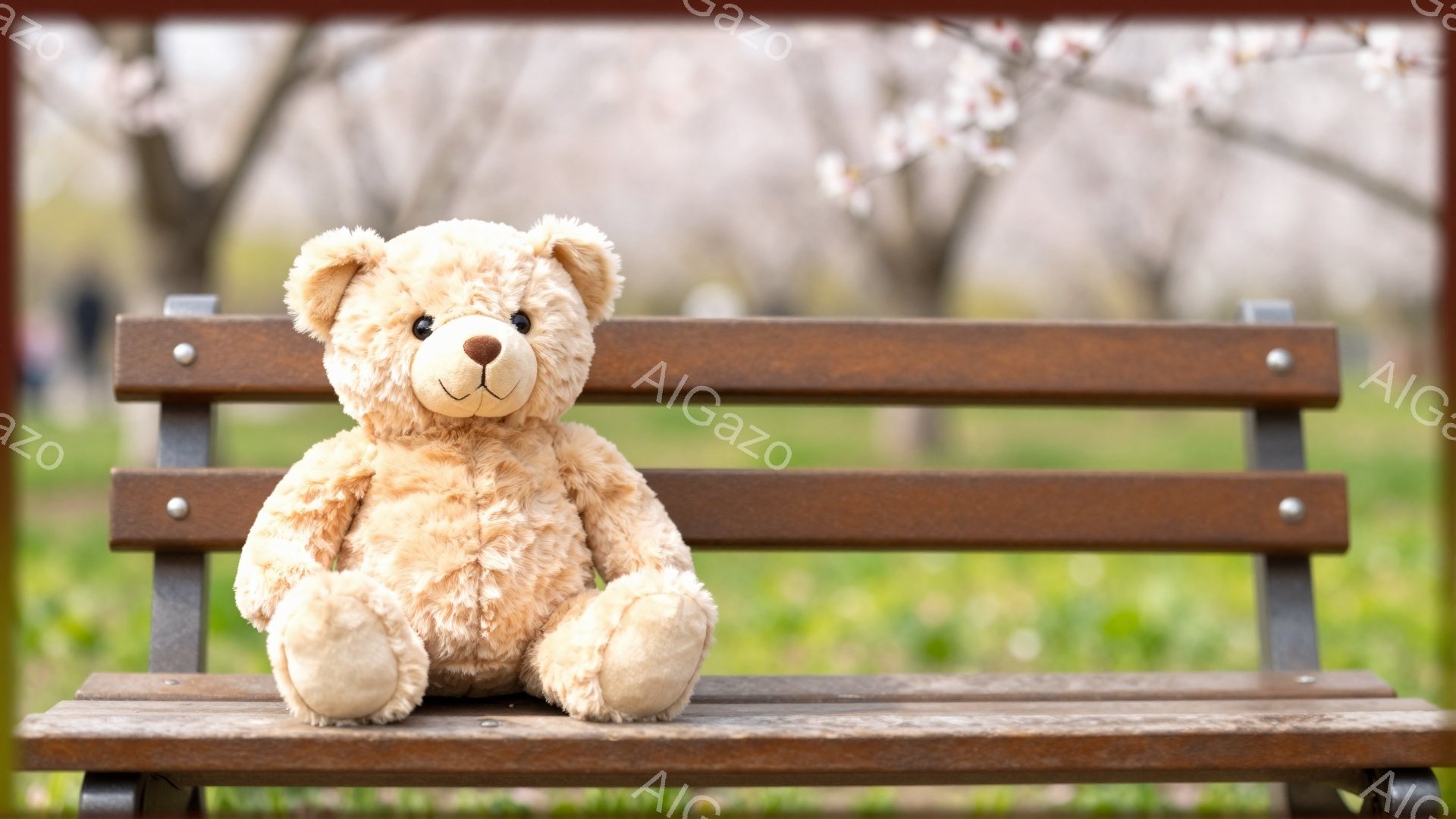 公園のベンチに座っているテディベアが写っています。柔らかい茶色の毛並みで、丸くて愛らしい顔をしています。背景には緑の芝生と桜の木があり、春の穏やかな雰囲気が漂っています。