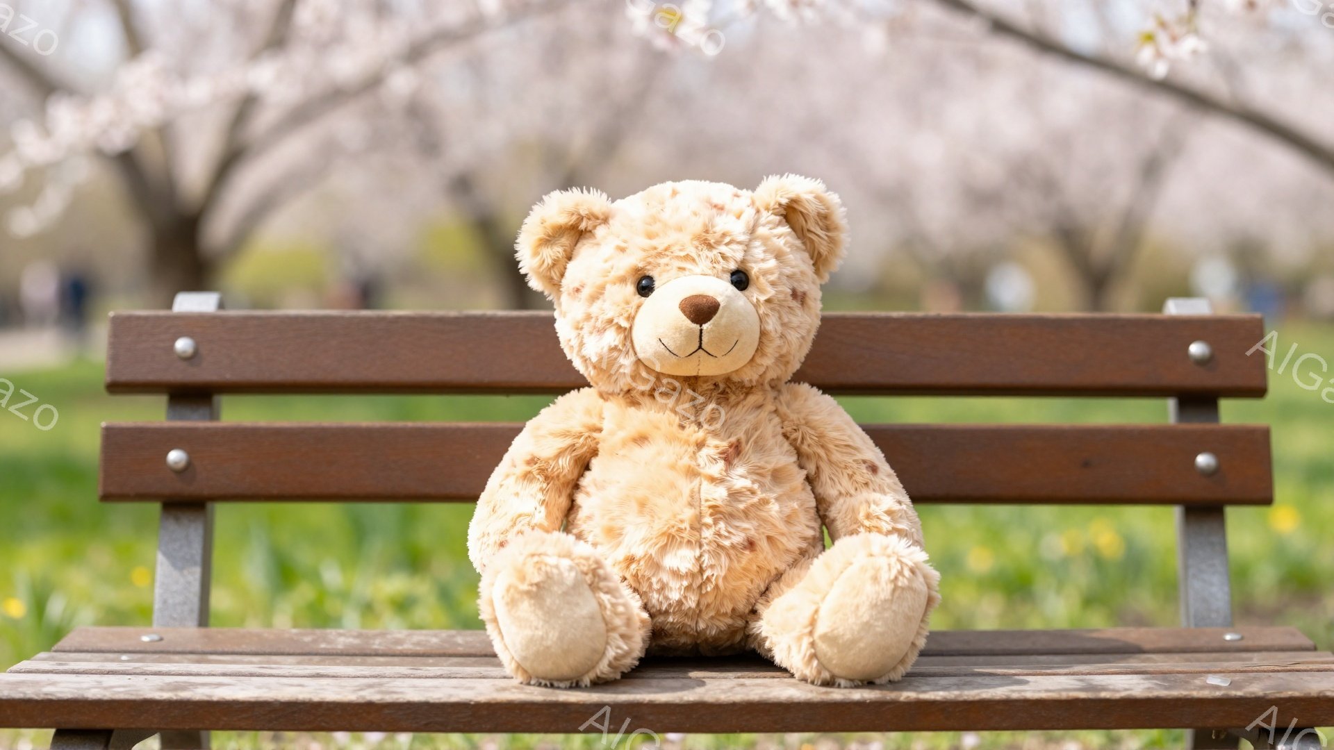 公園のベンチに座っている、ふわふわのテディベアです。背景には桜の木が咲き誇り、緑の芝生が広がっています。春の穏やかな雰囲気が漂う、優しい光景です。 - AI生成フリー素材