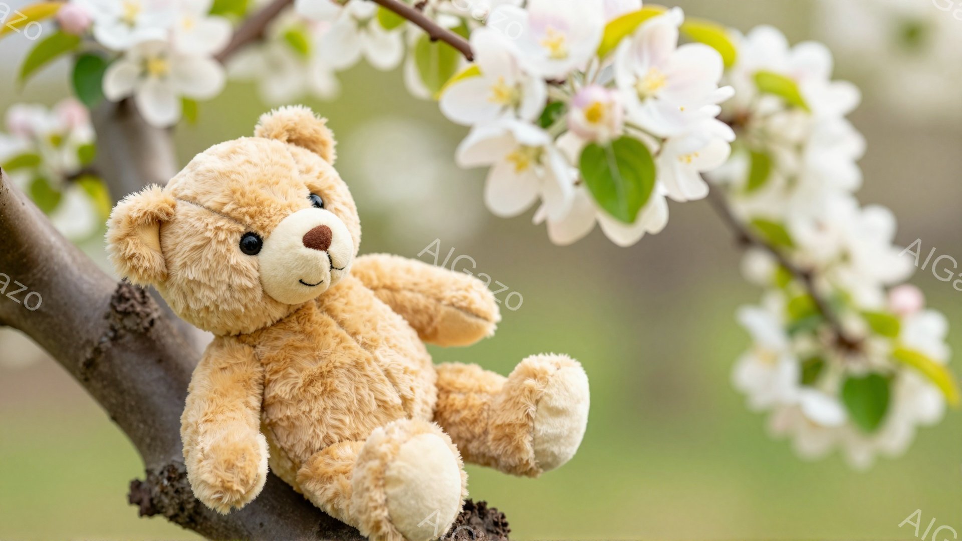 柔らかい茶色のテディベアが木の枝に座っており、ピンク色の花に囲まれています。ベアは穏やかな表情で、リラックスした雰囲気です。背景はぼやけており、春の穏やかな日差しを感じさせます。