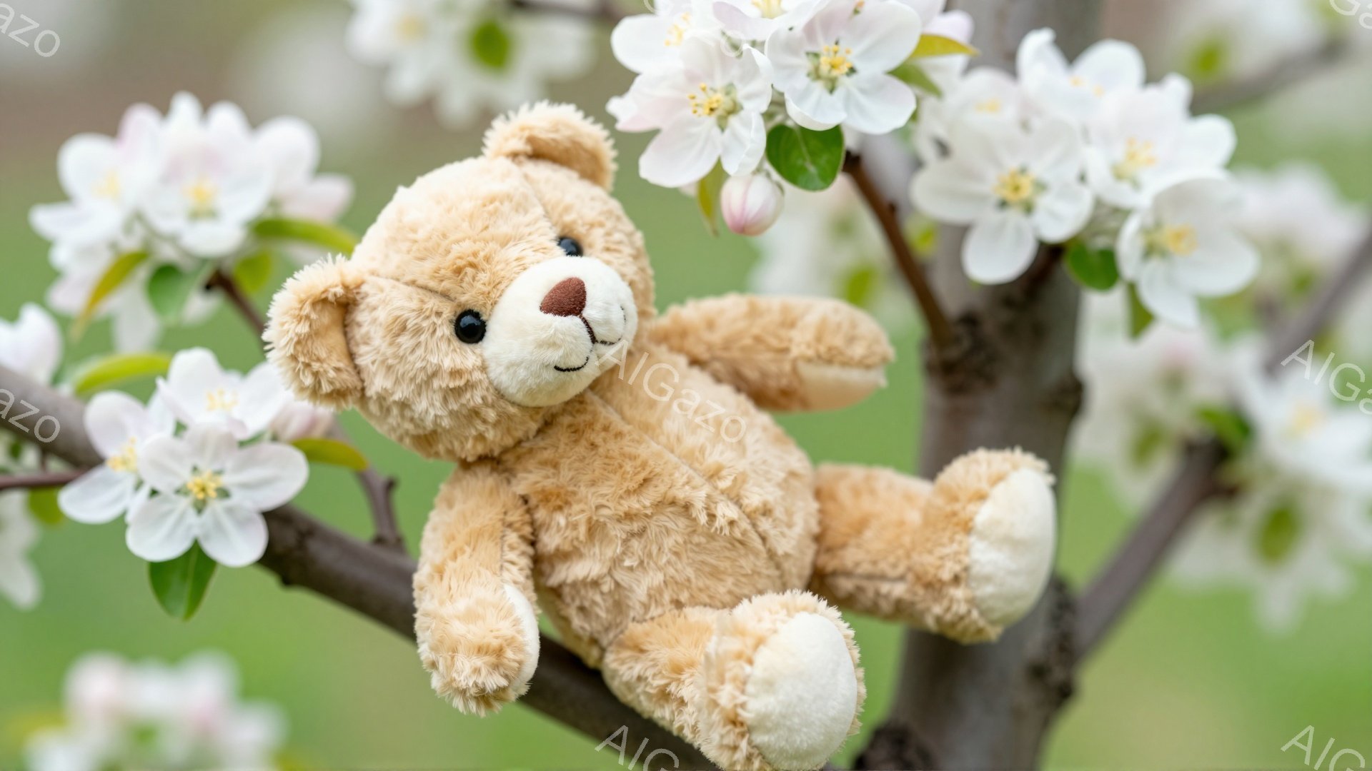ふわふわのテディベアが桜の枝にとまっている。春らしい明るい雰囲気で、背景には緑の葉がぼやけて見える。可愛らしい表情と優しい色合いが印象的な写真だ。
