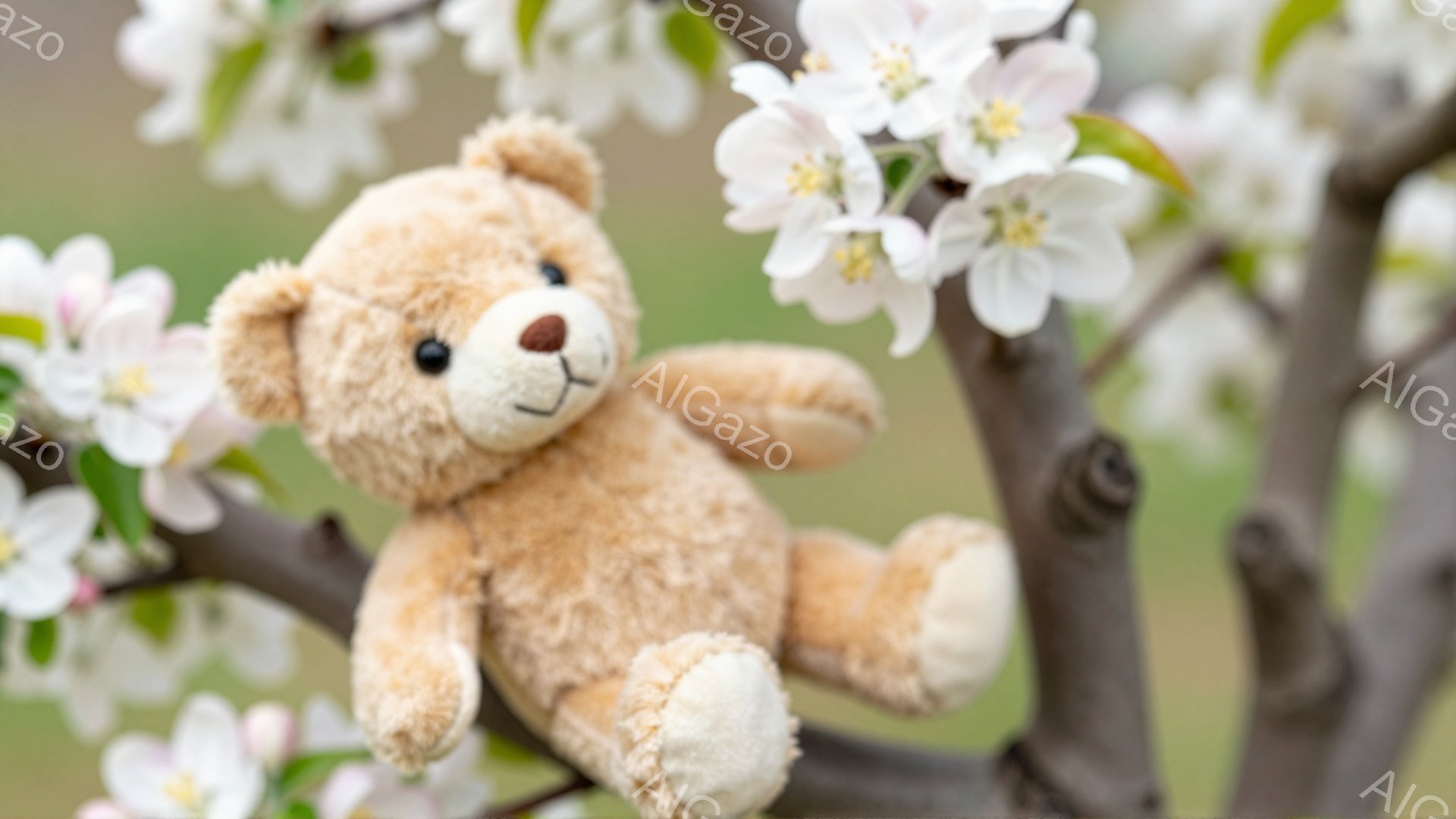 枝に座っているふわふわのテディベアが描かれています。桃色の花が咲き誇る春の背景が、暖かく穏やかな雰囲気を醸し出しています。テディベアはリラックスした姿勢で、春の訪れを感じさせる可愛らしい光景です。