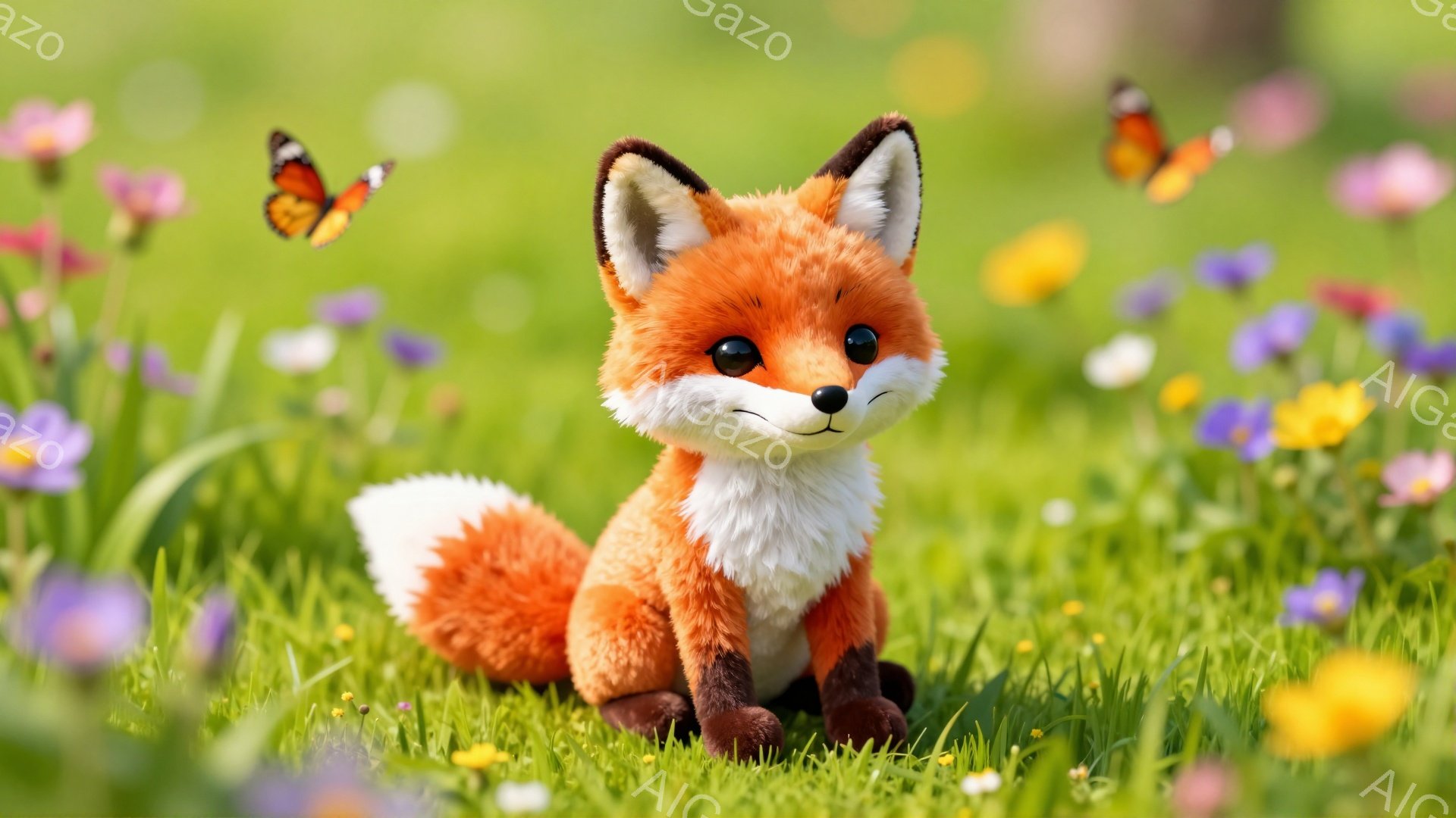 明るい緑の草原に、小さくて愛らしいキツネが座っています。オレンジ色の毛並みと白い胸元が特徴的で、ふさふさとした尾が可愛らしいです。周りには色とりどりの花が咲き乱れ、蝶が舞っており、平和で穏やかな雰囲気 - AI生成フリー素材
