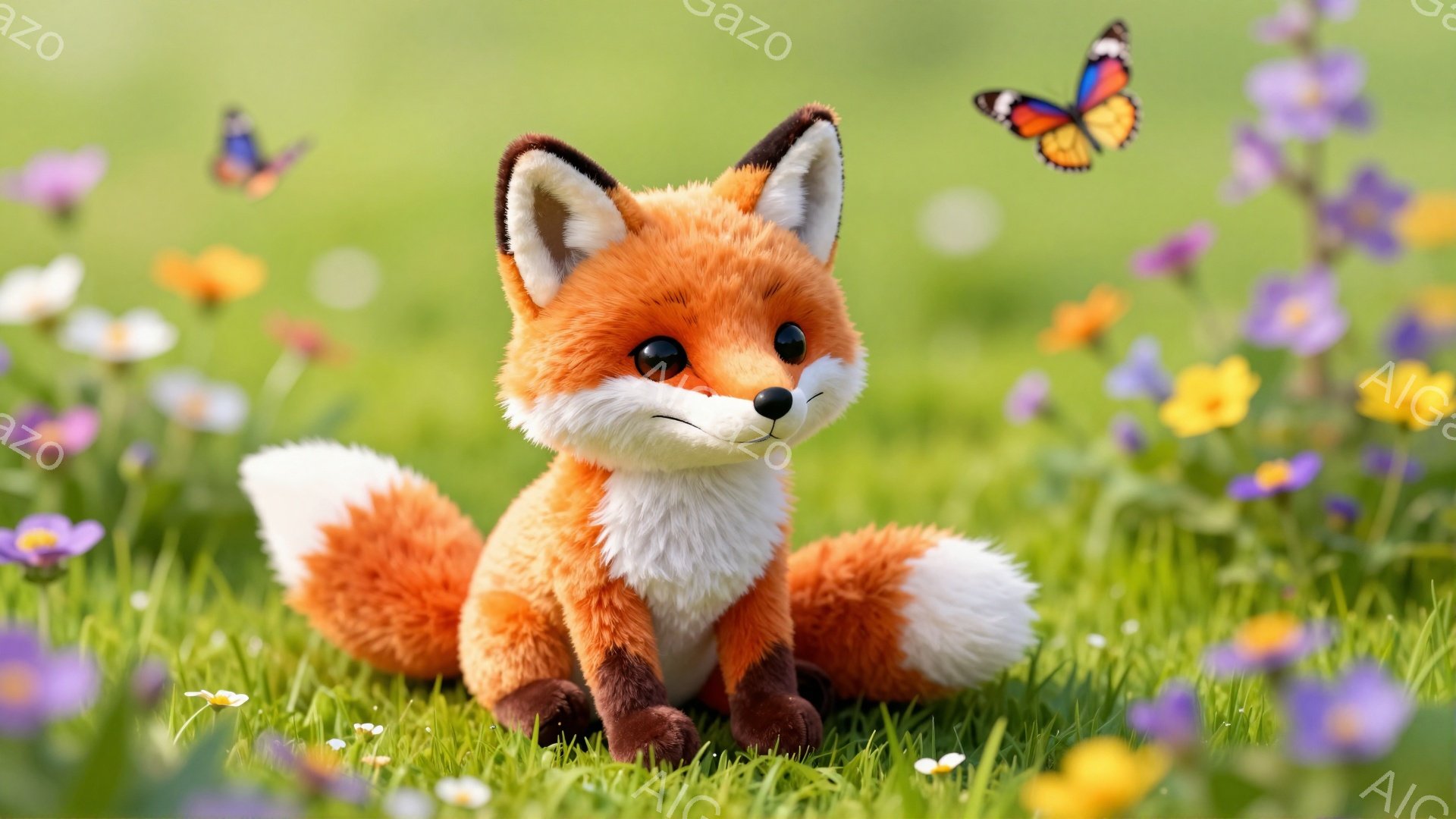 明るい緑の草原に、愛らしいキツネが座っています。キツネはオレンジ色の毛並みで、白くふさふさしたお腹と尻尾を持っています。黄色と紫の花が咲き乱れ、蝶が舞い、暖かく平和な雰囲気です。 - AI生成フリー素材