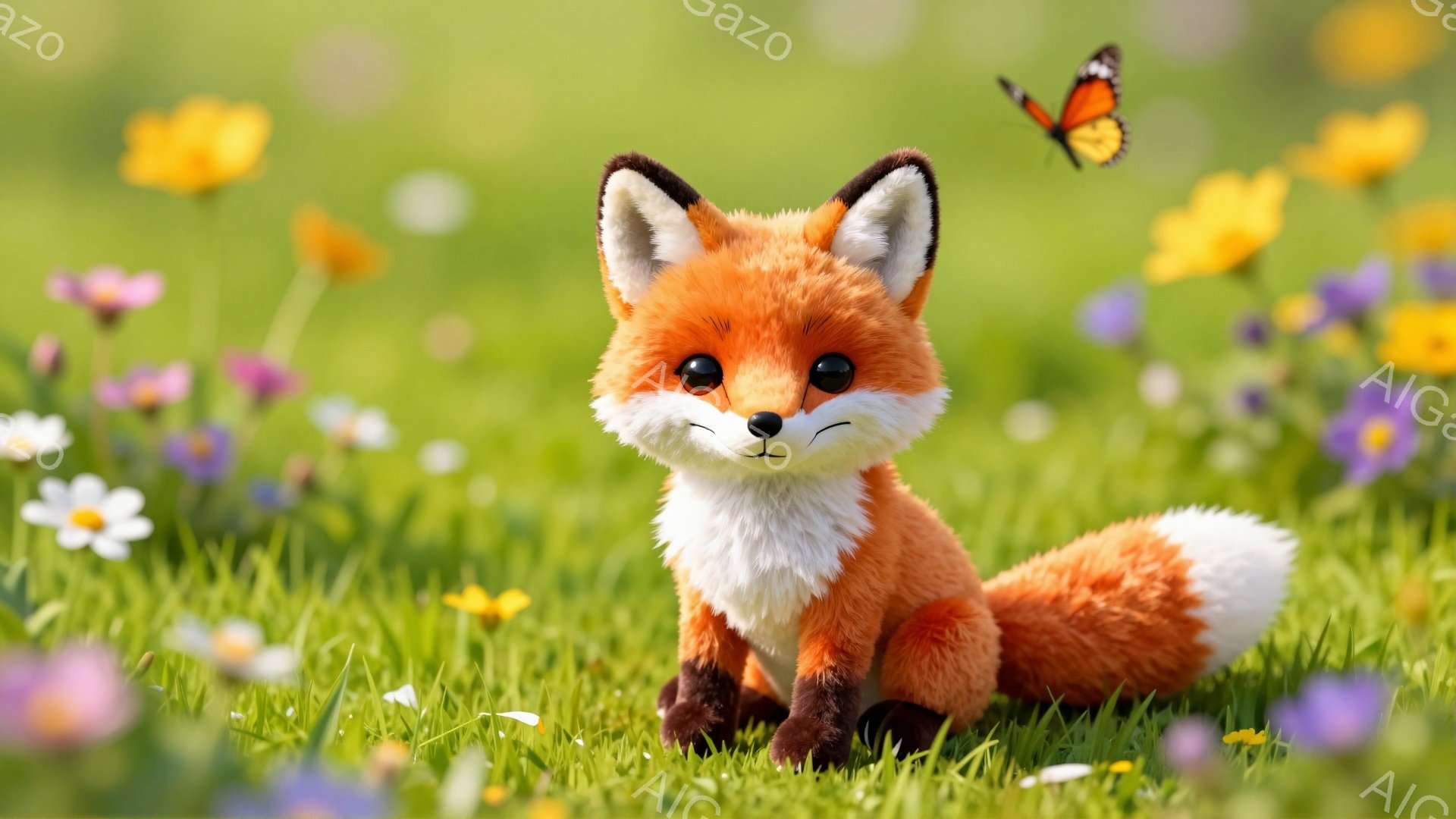明るい緑の草原に、小さなキツネが座っています。キツネはオレンジ色の毛並みで、白い胸と尻尾が特徴的です。周りには色とりどりの花が咲き乱れ、上空には蝶が舞っています。 - AI生成フリー素材