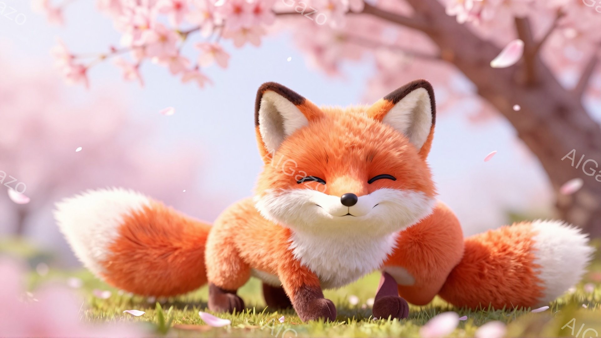 明るい緑の草の上に、愛らしい子ギツネが座っています。ピンク色の桜の花びらが舞い散る中、子ギツネは目を細め、幸せそうに微笑んでいます。春の暖かく穏やかな雰囲気が伝わってきます。