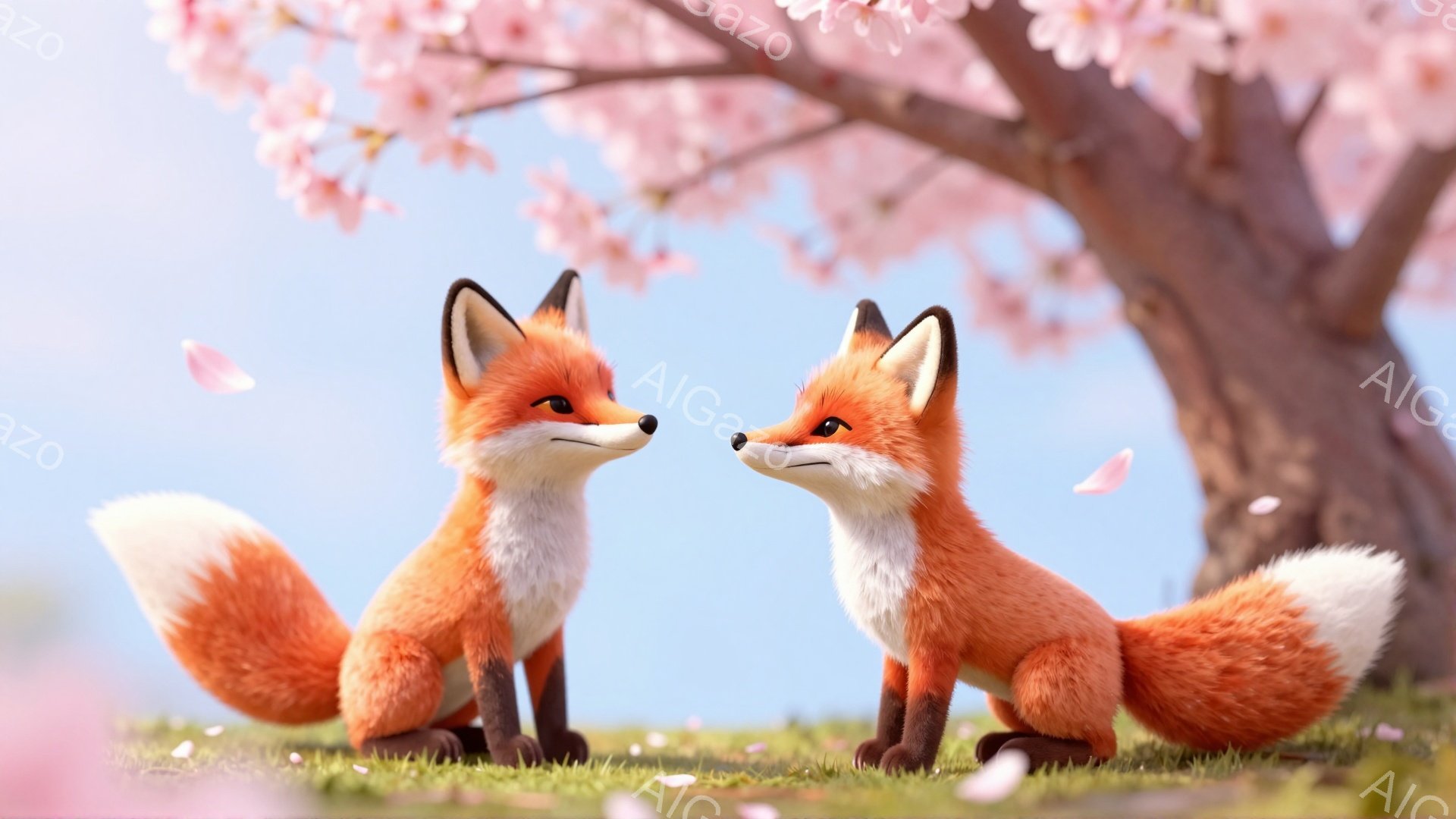 二匹の狐が草の上に座って向かい合っています。桜の木の下で、穏やかで平和な雰囲気です。ピンク色の花びらが舞い散り、春の訪れを感じさせます。
