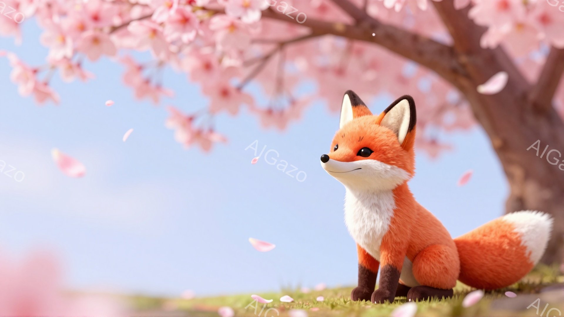 鮮やかなオレンジ色のキツネが草原に座っています。桜の花びらが舞い、背景には桜の木が見え、春の穏やかな雰囲気を醸し出しています。キツネは微笑み、リラックスした様子で、暖かく幸せな情景が描かれています。 - AI生成フリー素材