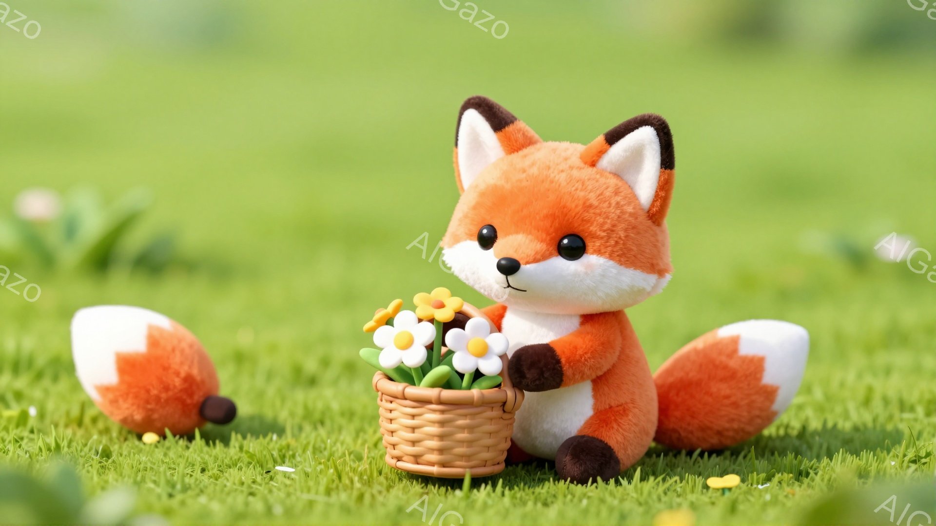 緑の草原に、可愛らしいキツネが小さなバスケットを持って座っています。キツネは白い胸元と尻尾を持ち、バスケットには色とりどりの花が活けられています。背景は鮮やかな緑色で、柔らかい光が降り注ぎ、穏やかな雰囲気を醸し出しています。