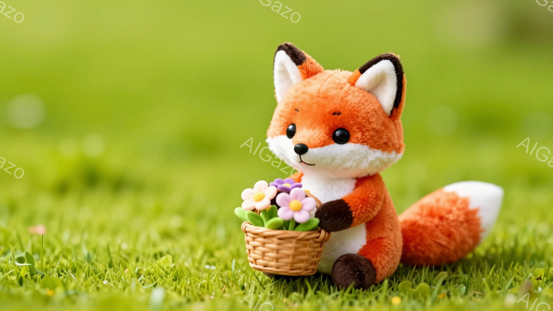 明るい緑の草の上を歩く、愛らしいキツネのぬいぐるみです。キツネは花がいくつか入った小さなバスケットを抱えています。背景はぼやけており、春らしい穏やかな雰囲気が漂っています。 - AI生成フリー素材