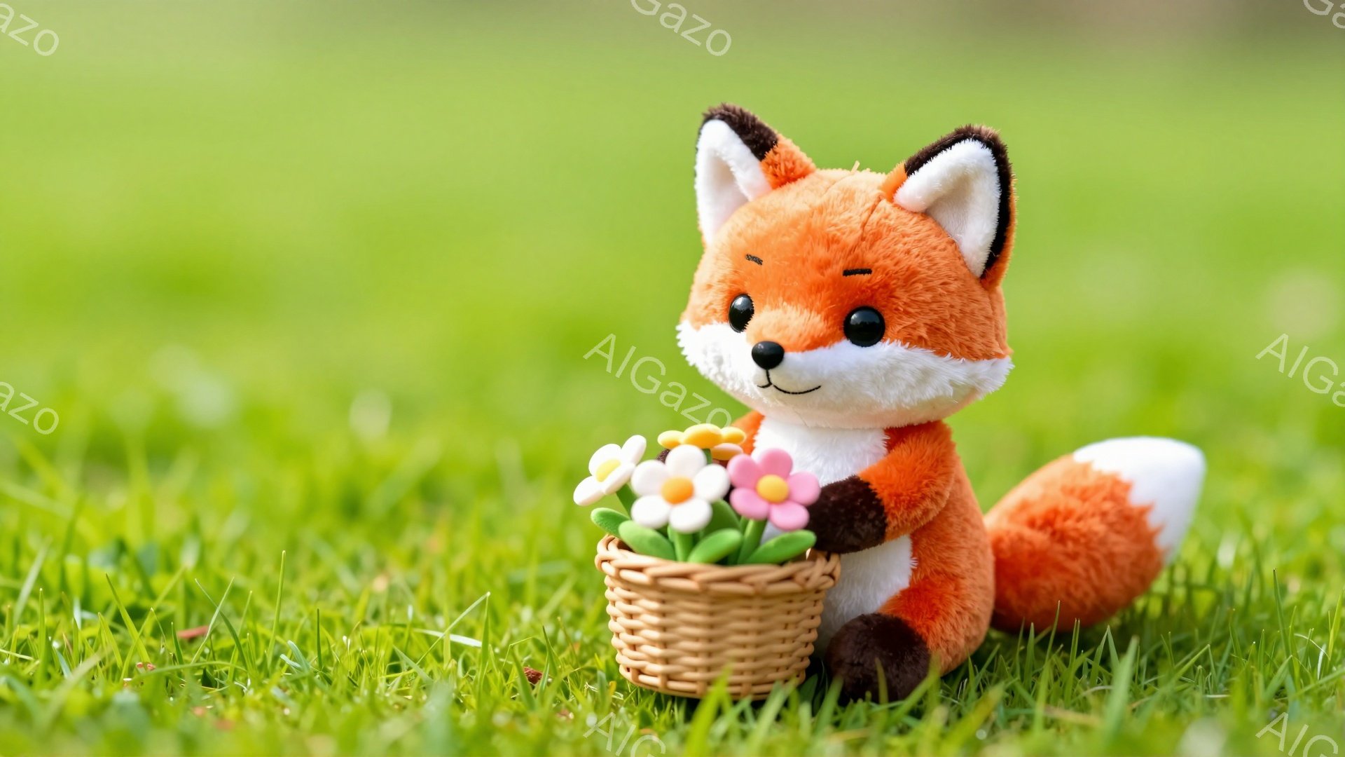 明るい緑の草の上に、オレンジ色のキツネのぬいぐるみが座っています。キツネは花が咲いた小さなバスケットを持っています。背景は鮮やかな緑で、温かく幸せな雰囲気です。 - AI生成フリー素材
