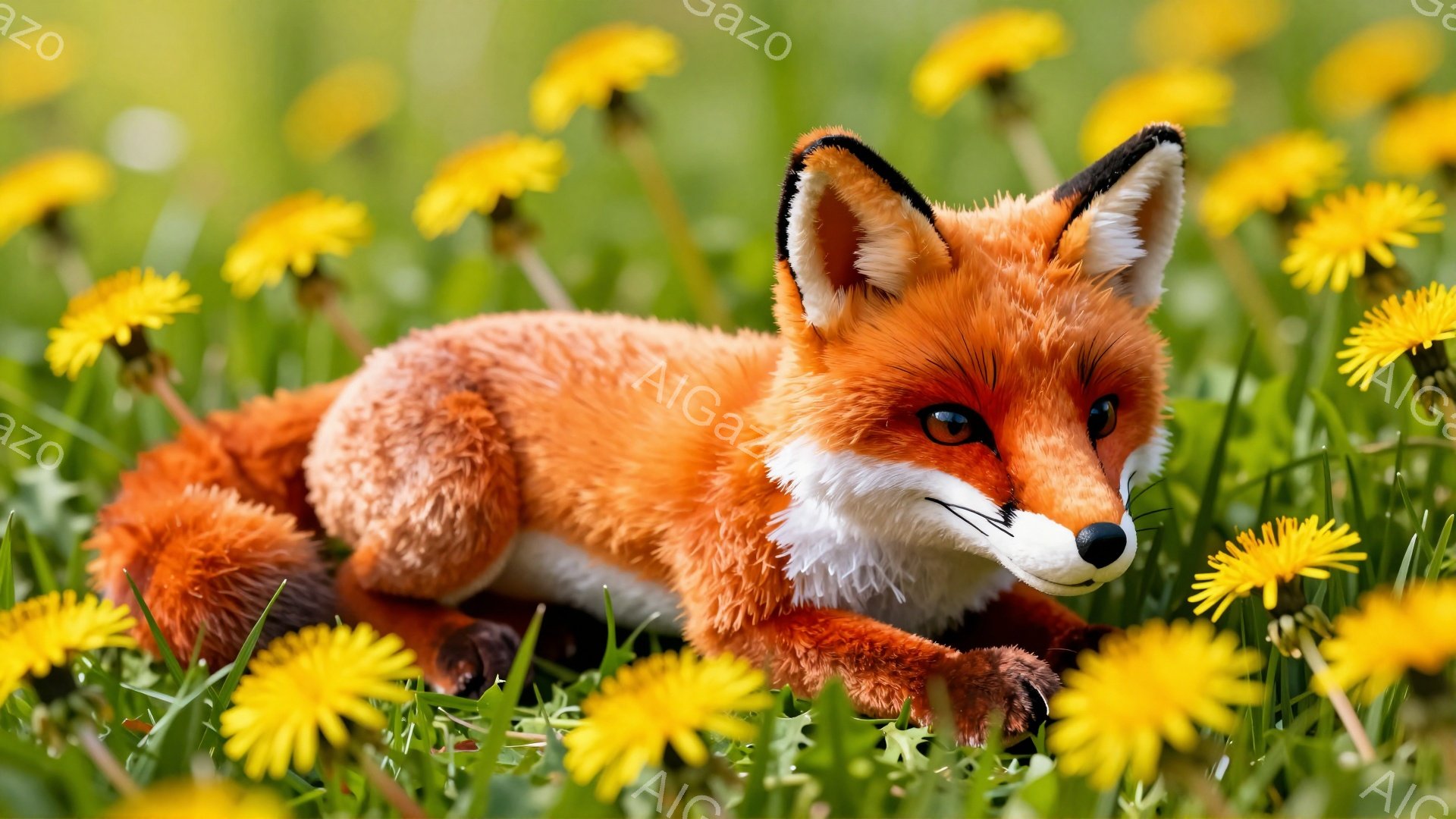 鮮やかな緑の草むらの中に、オレンジ色のキツネが身を寄せ合って横たわっています。キツネは前足を伸ばし、何かを注意深く見つめているようです。周りには黄色いタンポポが咲き乱れ、暖かい春の日の雰囲気を醸し出しています。