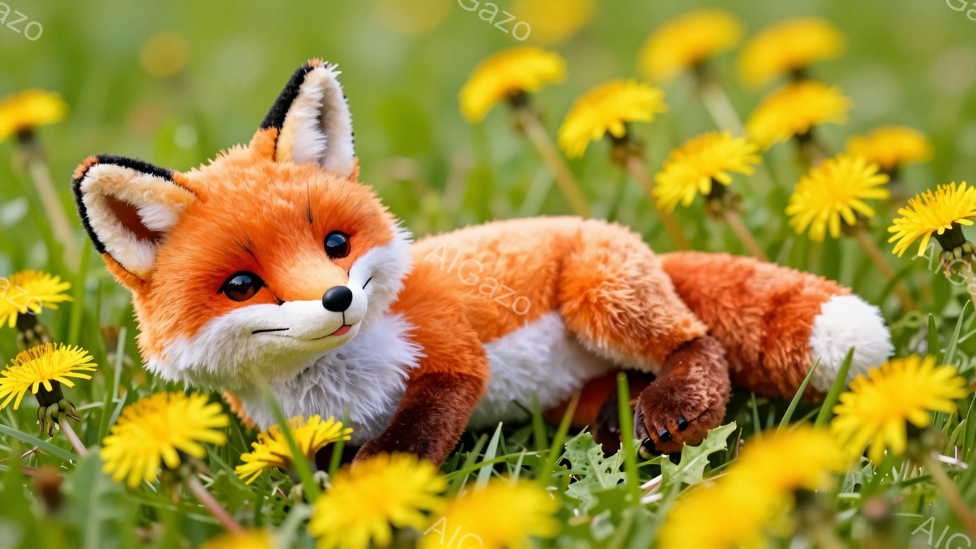 明るい緑の草原で、オレンジ色のキツネが黄色いタンポポの花の間で横たわっています。キツネは可愛らしい顔をしており、リラックスした雰囲気です。背景はぼかされており、キツネとタンポポが際立っています。