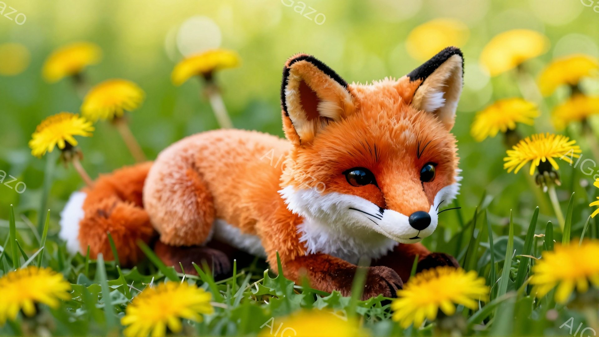 鮮やかな緑の草の上に、赤い毛並みのキツネが横たわっています。タンポポの花々が周囲を彩り、春らしい穏やかな雰囲気を醸し出しています。キツネは前方をじっと見つめ、何かを期待しているかのような表情をしています。