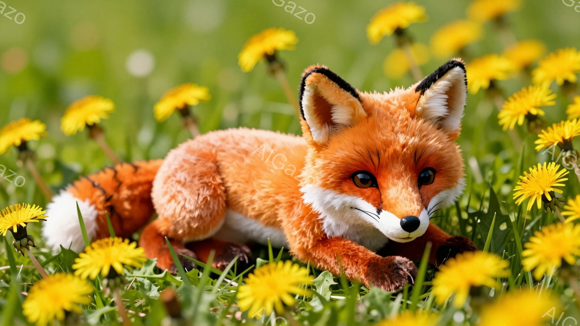 明るい緑の草地に、鮮やかなオレンジ色のキツネが横たわっています。黄色いタンポポが咲き乱れ、キツネを囲むように広がっています。キツネは前足を伸ばし、リラックスした様子で、春の穏やかな雰囲気を伝えています。