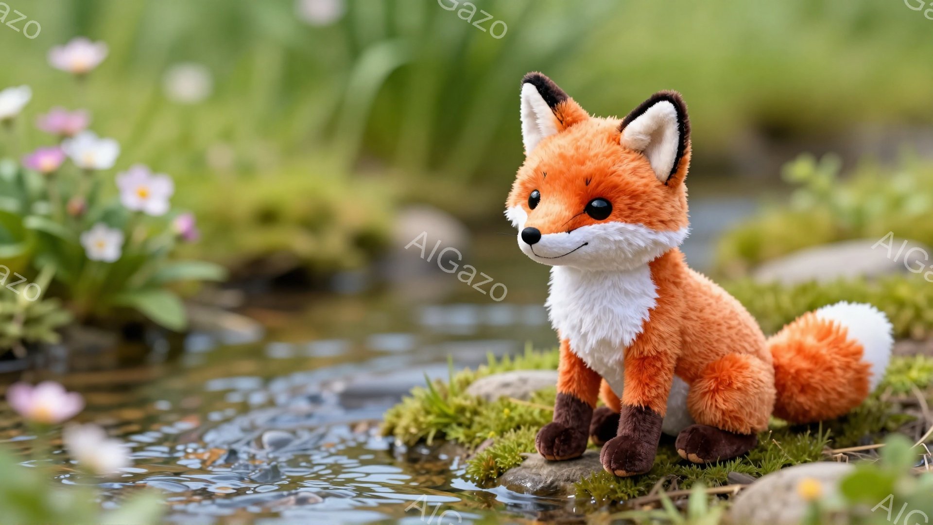 明るい緑の背景に、オレンジ色の可愛らしいキツネが座っています。キツネは白い胸と尻尾を持ち、静かな水辺を見つめています。周りにはピンクの花が咲き、穏やかな自然の雰囲気が漂っています。 - AI生成フリー素材