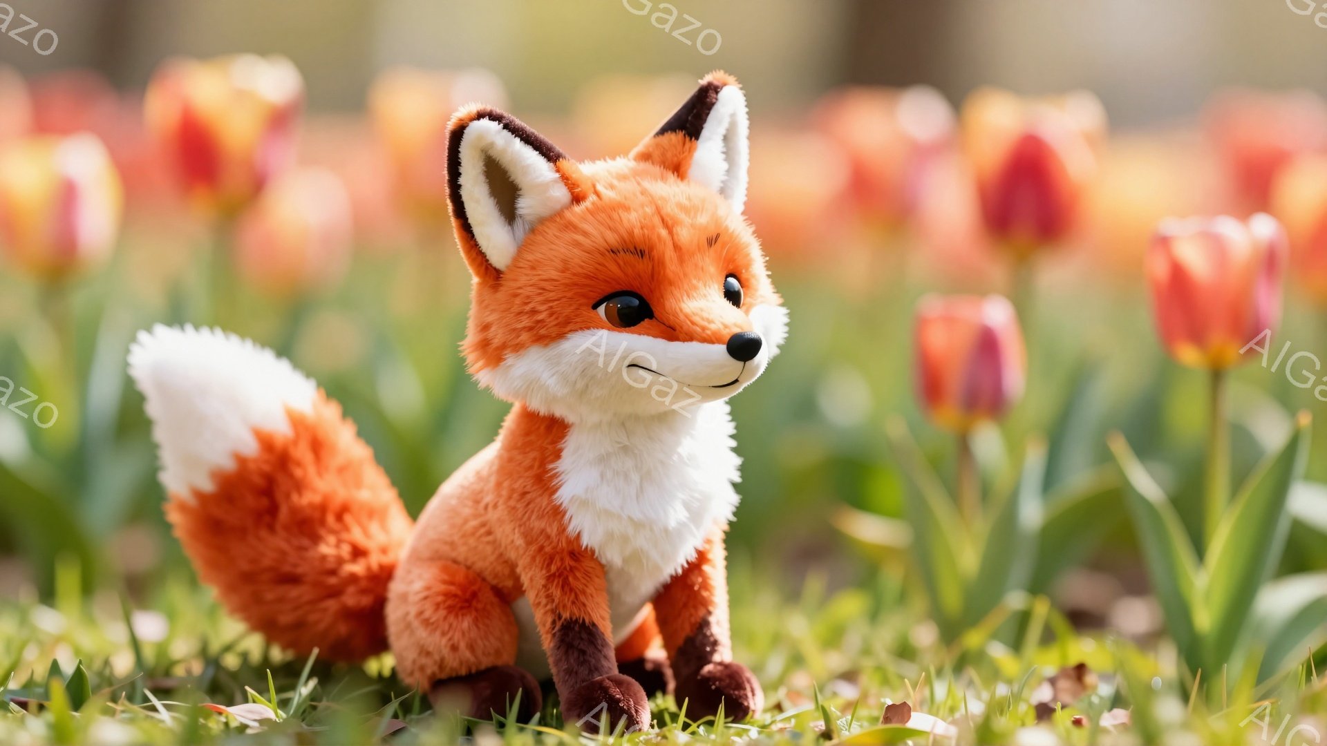 オレンジ色の毛並みをしたキツネが、緑の草むらの中に座っています。背景にはオレンジ色のチューリップの花が咲き乱れ、春の穏やかな雰囲気を醸し出しています。キツネは少し微笑んでおり、愛らしい表情をしています。