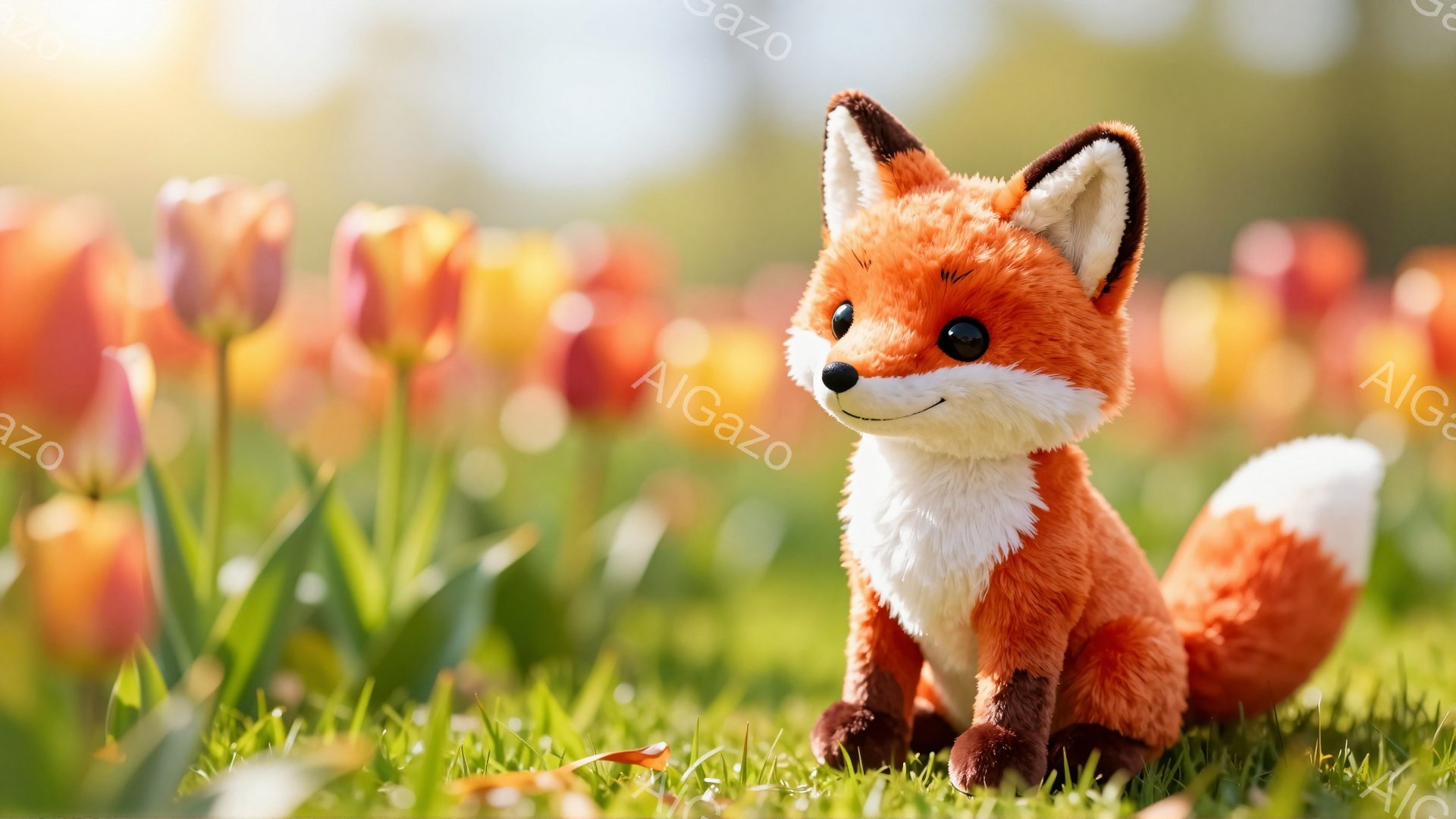 明るい緑の草の上に、ふわふわのオレンジ色の狐が座っています。背景にはぼやけたオレンジと黄色のチューリップの花畑が広がり、温かい日差しが降り注いでいます。狐は少し上を見ているようで、可愛らしい表情をしています。