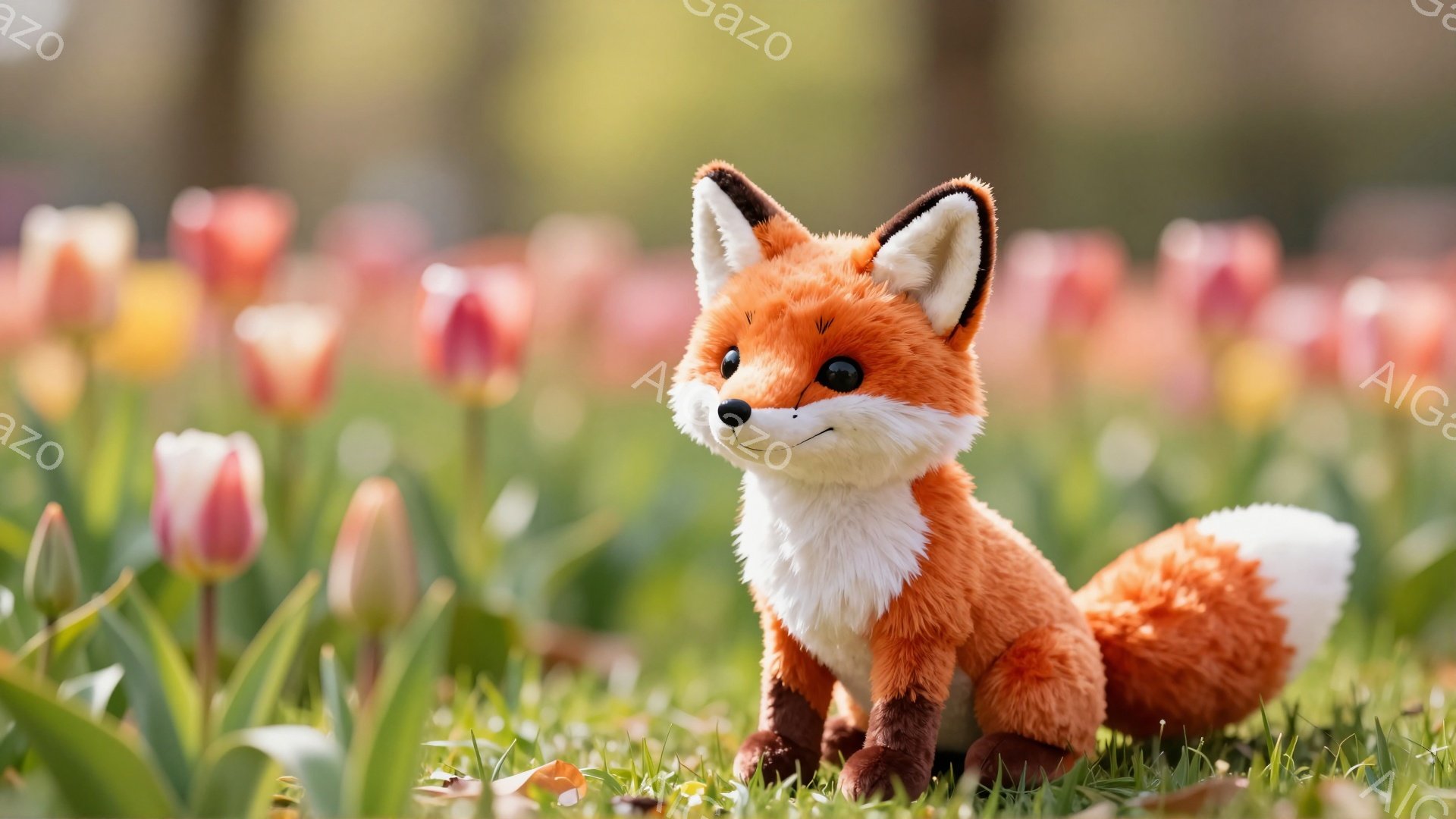 明るい緑の草の上で、赤いキツネが座っています。キツネは白い胸と尻尾を持ち、その表情は穏やかで優しいです。背景には様々な色のチューリップが咲き誇り、春の暖かく穏やかな雰囲気を醸し出しています。