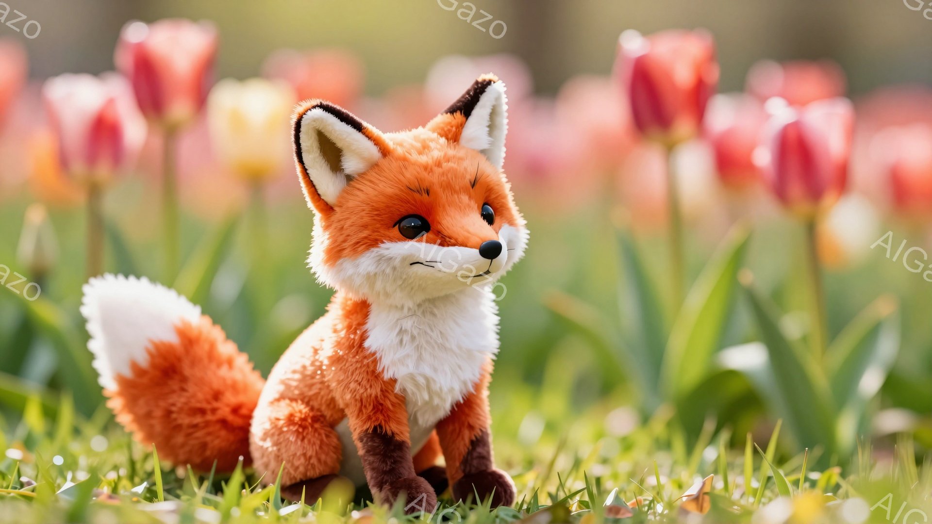 明るい緑の草の上で、可愛らしい子ギツネが座っています。毛並みはふさふさとしており、オレンジ色の体に白い胸元と尻尾が特徴的です。背景にはぼやけたピンク色のチューリップ畑が広がり、春の暖かな雰囲気を醸し出しています。
