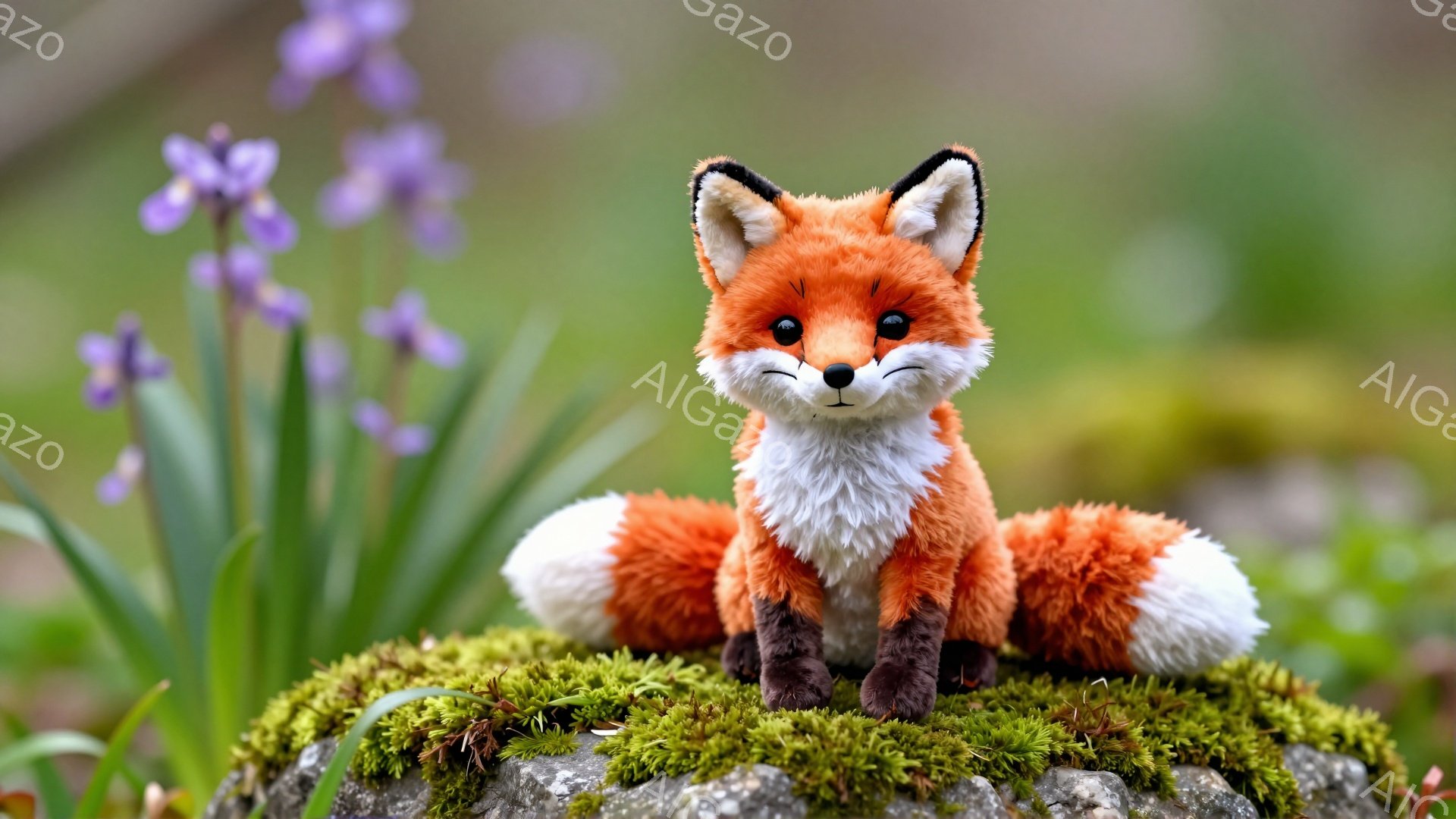 鮮やかなオレンジ色の毛並みを持つキツネが、緑色の苔が生えた岩の上に座っています。紫色の花が背景にあり、春の穏やかな雰囲気を醸し出しています。キツネは前方をじっと見つめ、可愛らしい表情をしています。