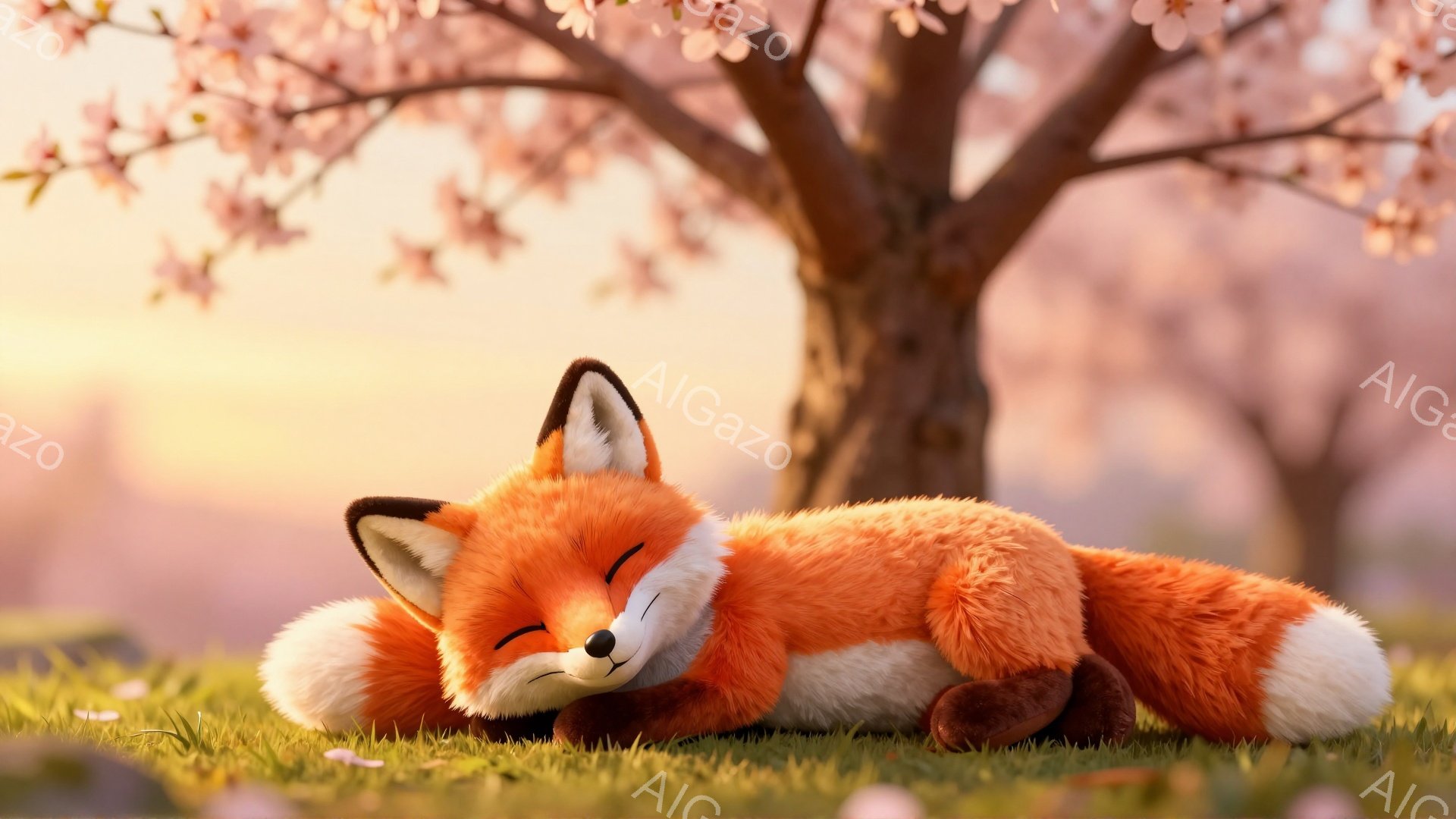 鮮やかなオレンジ色のキツネが、緑の草の上に丸まって眠っています。背景には桜の木があり、花びらが舞い散っています。穏やかで平和な春の日の雰囲気が感じられます。