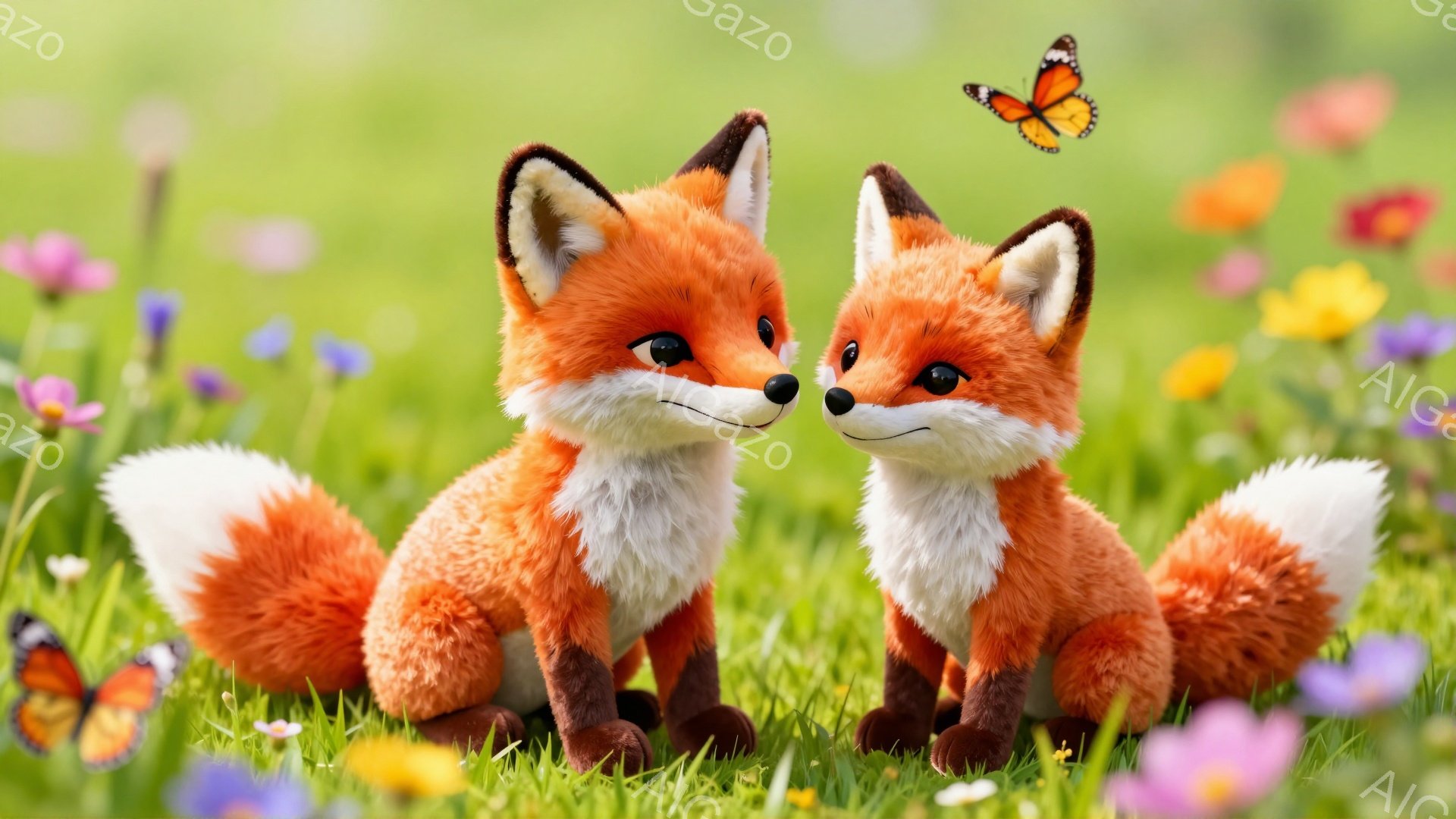 草原にいる二匹のキツネが向き合って座っています。鮮やかな花々が咲き乱れ、背景は緑豊かで、蝶が舞っています。キツネたちは微笑んでおり、暖かく穏やかな雰囲気です。