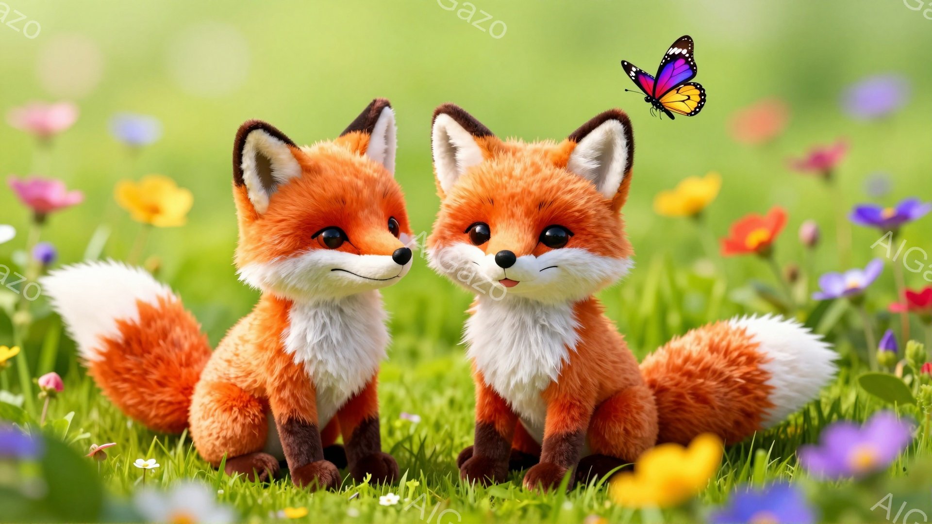 明るい緑の草原に2匹の子ギツネが座っています。オレンジ色の毛並みと白い胸元が特徴的で、それぞれが穏やかな表情をしています。背景には様々なカラフルな花が咲き乱れ、蝶が舞っている、暖かく平和な雰囲気の画像 - AI生成フリー素材