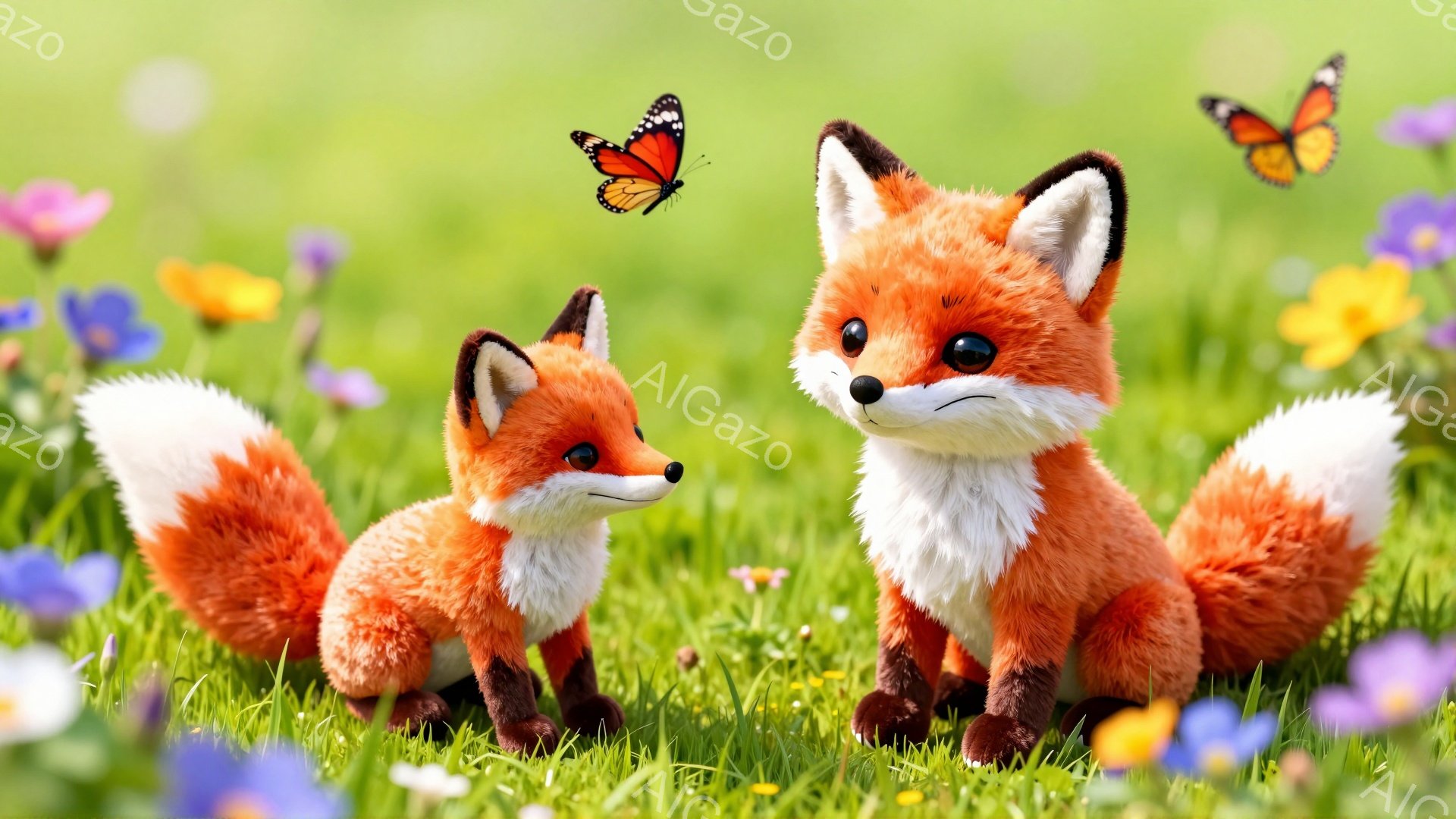 明るい緑の草の上には、親と子供のキツネが並んで座っています。二匹ともオレンジ色の毛並みで、ふさふさとした尻尾が特徴的です。周囲には黄色や青色の小さな花が咲き乱れ、蝶が舞い、穏やかで可愛らしい雰囲気が漂 - AI生成フリー素材