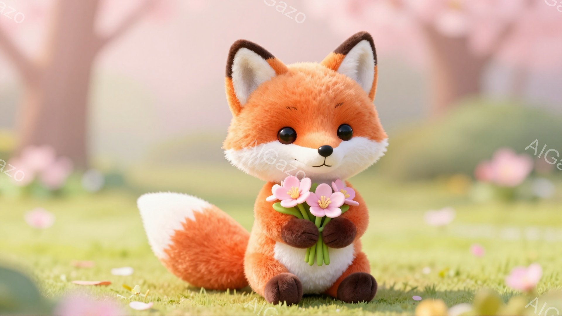 オレンジ色の毛並みが美しいキツネが、手にはピンク色の花束を持っています。緑の草原と桜の花びらが舞う背景は、春の暖かく優しい雰囲気を演出しています。キツネの表情は穏やかで、見る人に安らぎを与えます。 - AI生成フリー素材