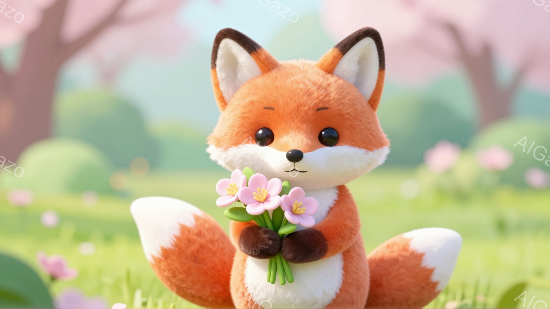 オレンジ色の可愛らしいキツネが、手にピンク色の花束を持っています。背景には緑の草むらと、桜の木が見え、春の穏やかな雰囲気を感じさせます。 キツネの表情は穏やかで、優しい印象を与えます。