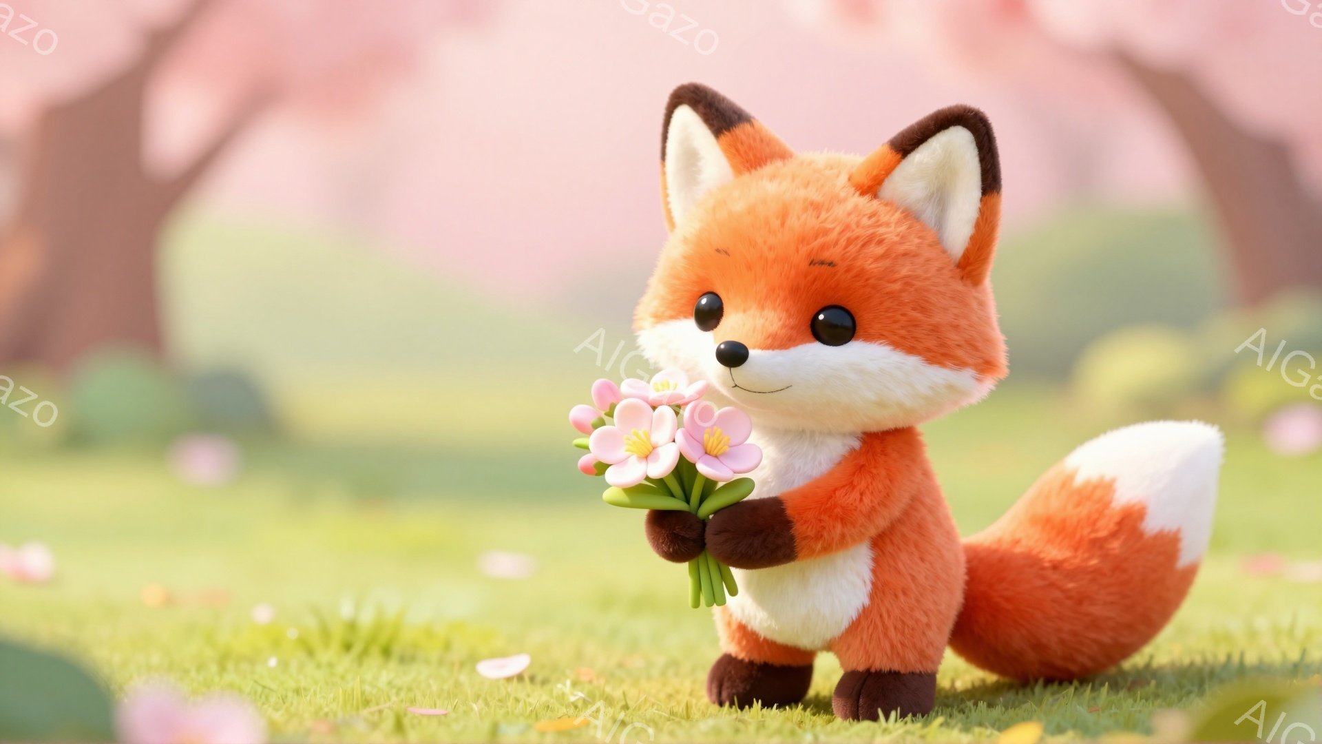 明るい緑の草原に、オレンジ色の可愛いキツネが立っています。キツネは手の中にピンク色の花束を持っており、嬉しそうに微笑んでいます。背景にはぼやけた桜の木と、舞い散る花びらが描かれていて、春らしい暖かい雰囲気が感じられます。