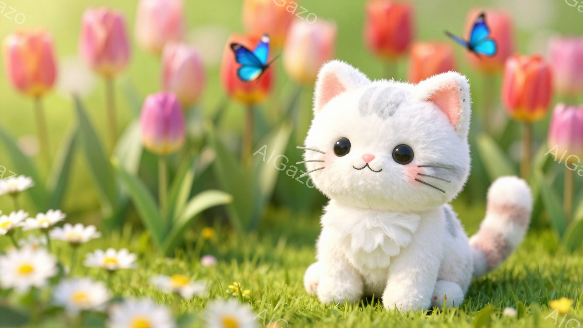 白い子猫が緑の草原で花に囲まれて座っています。鮮やかな色のチューリップやデイジーが咲き、背景はぼやけて春の暖かい雰囲気を醸し出しています。 蝶が子猫の周りを舞い、可愛らしい光景を作り出しています。