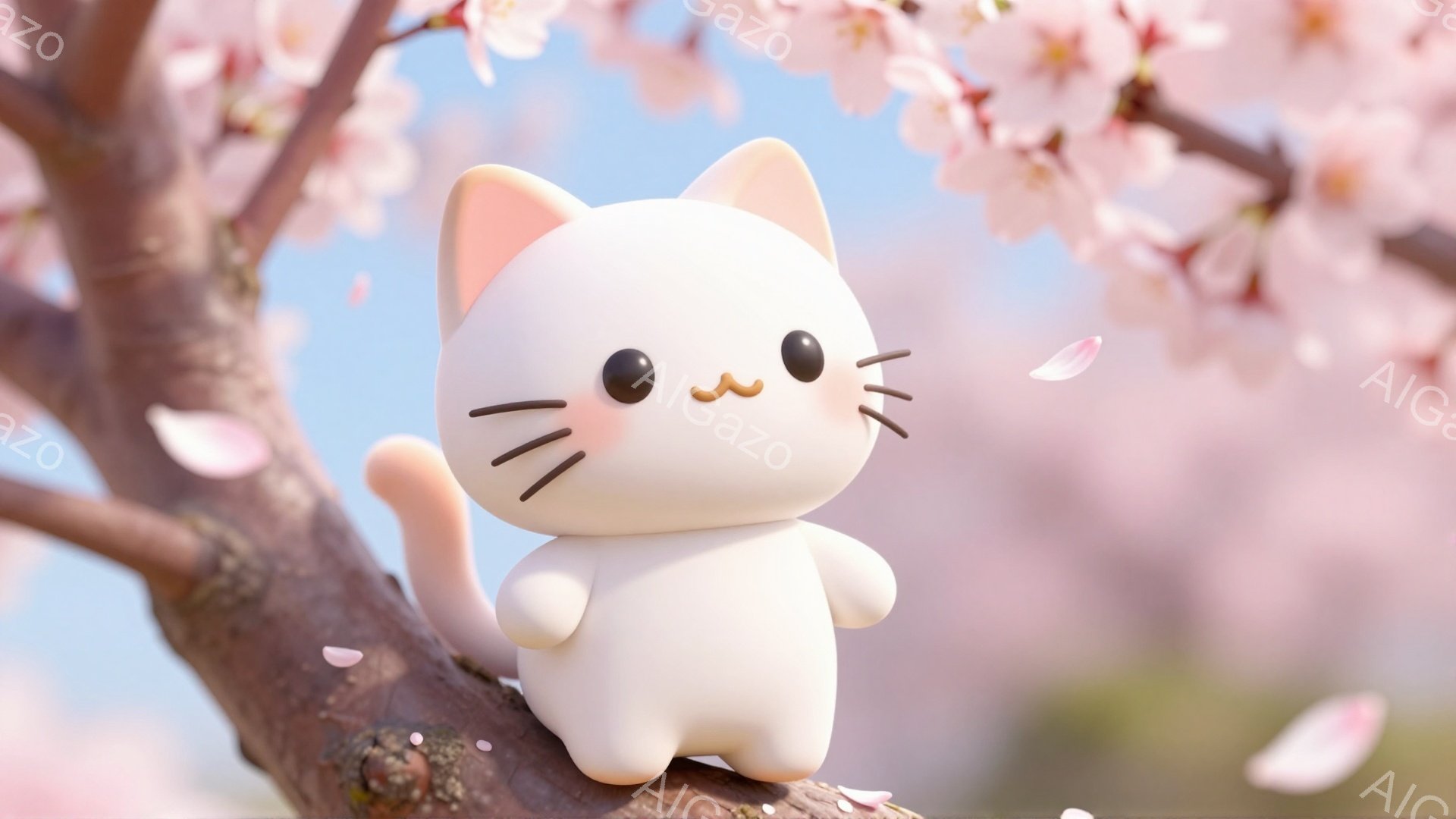 白くて丸い猫が桜の枝に座って微笑んでいます。背景はピンク色の桜の花びらで覆われ、春らしい暖かい雰囲気が漂っています。愛らしい表情と柔らかな光が、猫の可愛らしさを引き立てています。