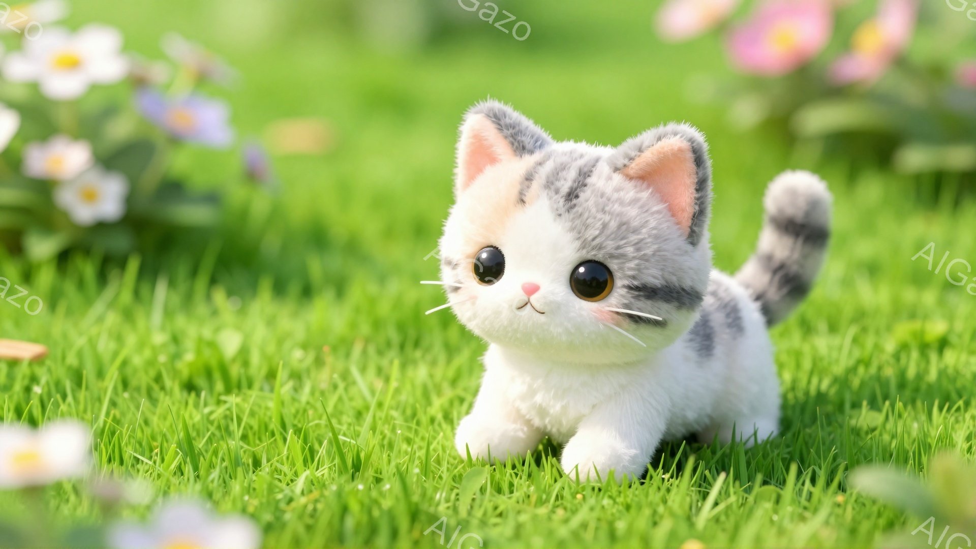 緑の草の上を歩く、白と灰色の小さな子猫がいます。大きな目はキラキラと輝き、愛らしい表情をしています。背景には、ぼやけた花々が見え、穏やかな春の日の雰囲気が漂っています。 - AI生成フリー素材