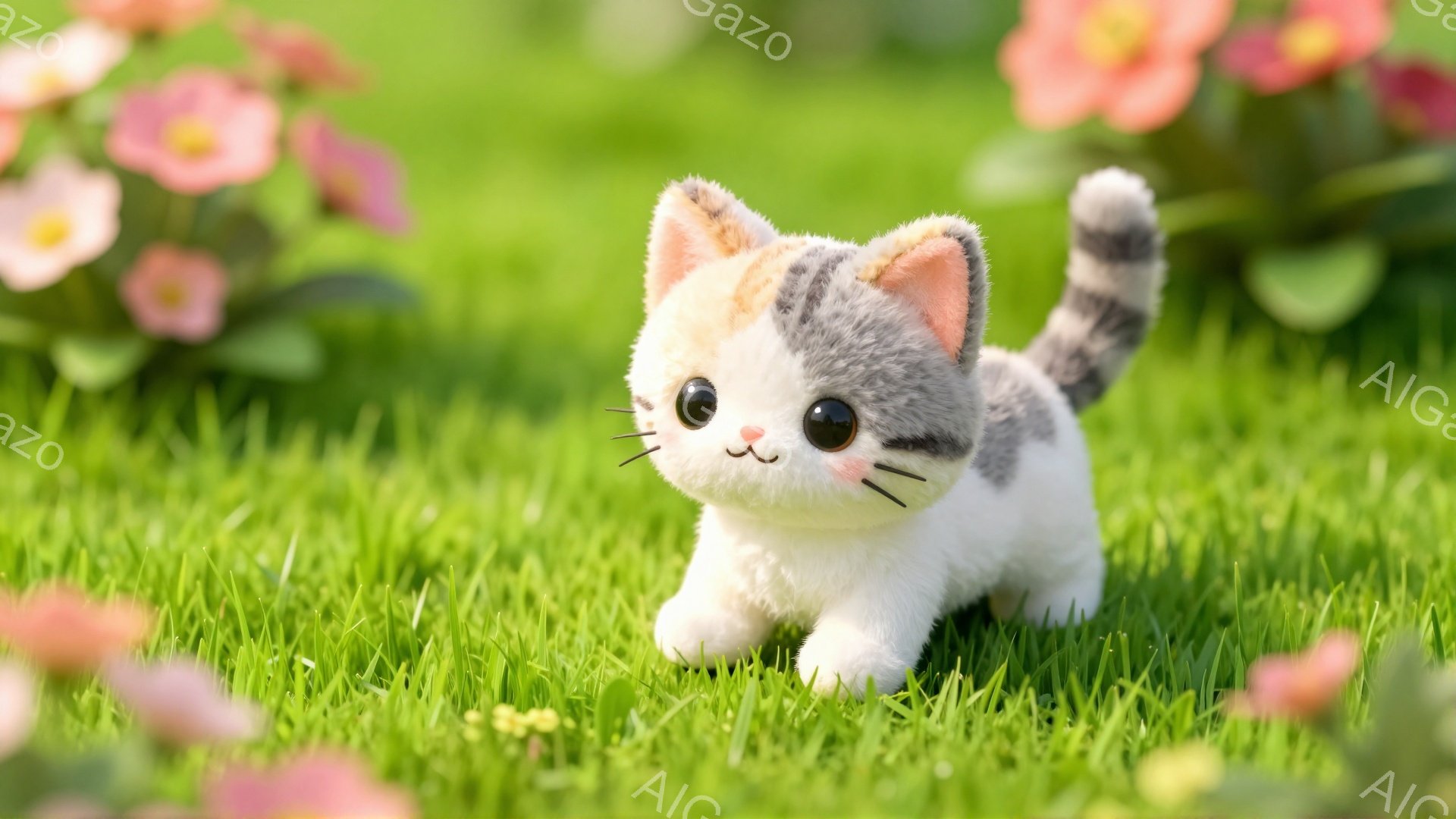 緑の草むらの中を、白とグレーの毛並みを持つ子猫が歩いている。つぶらな瞳とピンクの鼻が可愛らしく、しなやかな尻尾を立てて好奇心旺盛に辺りを見回している。背景には、ぼやけたピンク色の花が咲き、春らしい穏やかな雰囲気が漂う。