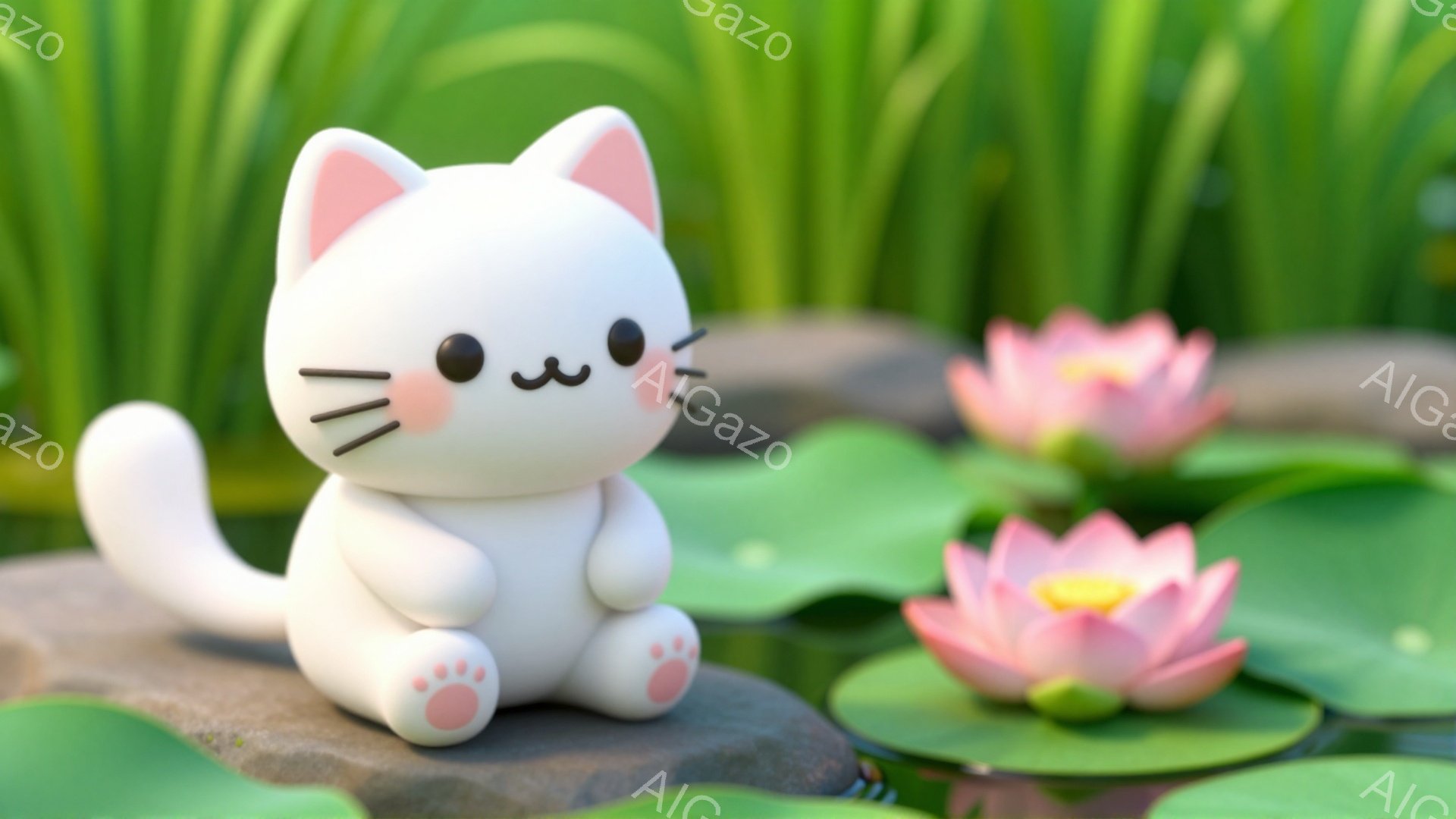 白い子猫が水辺の岩の上に座っています。周りにはピンク色の蓮の花が咲き、緑色の植物が茂っています。可愛らしい雰囲気で、穏やかな時間が流れているようです。