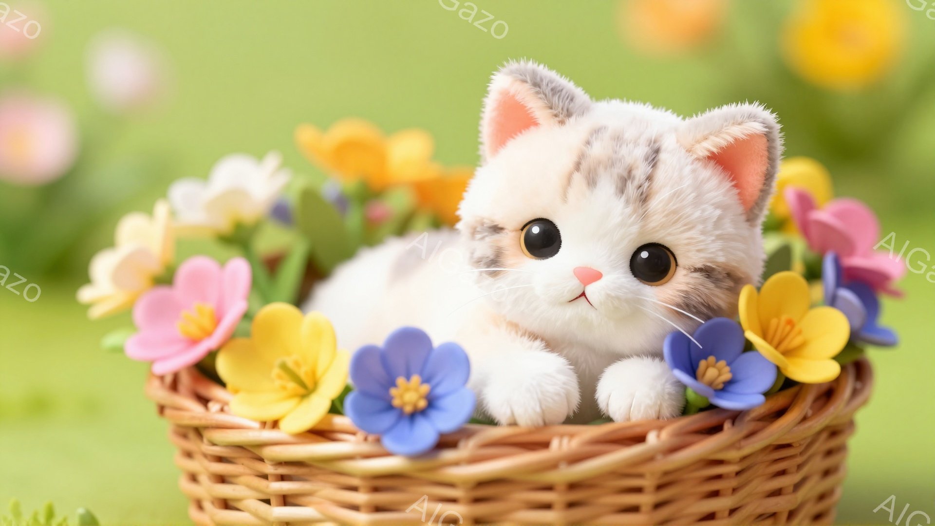 柔らかい毛並みのキトンが、花で飾られたバスケットの中にちょこんと座っています。背景は緑色で、春らしい穏やかな雰囲気です。キトンは丸い目でこちらを見つめ、愛らしい表情をしています。 - AI生成フリー素材